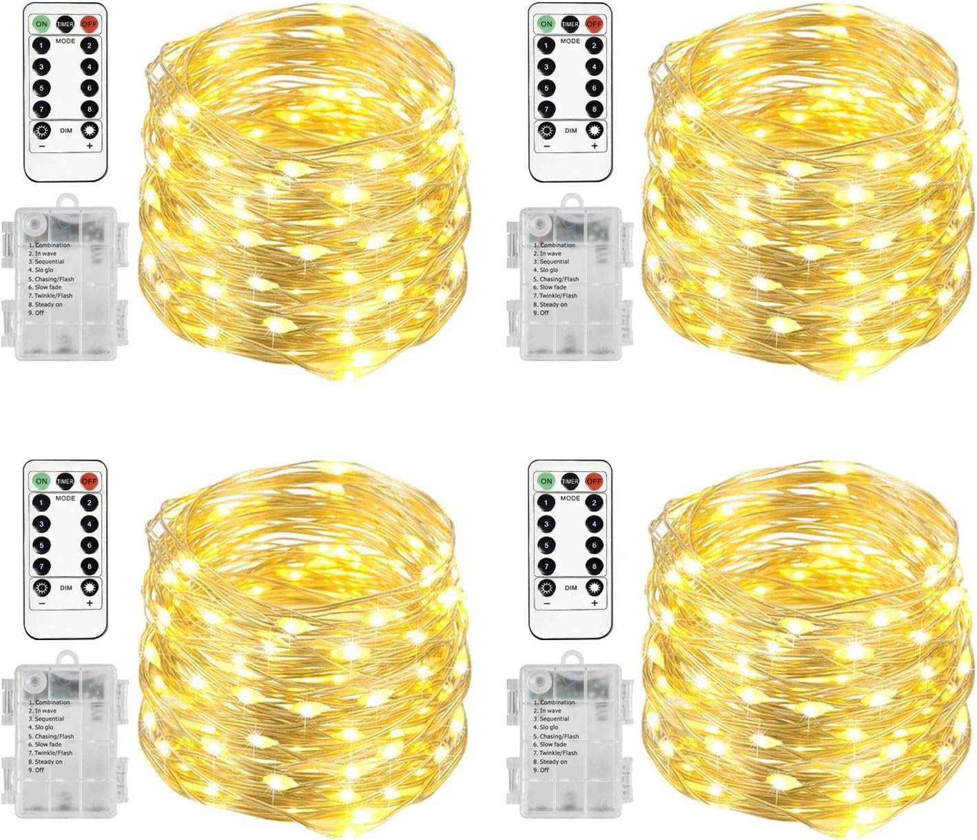 Homemory 4 Pack 20 Ft 60 LED Fairy Lights Battery Operated Christmas Lights with Remote Waterproof 8 Modes Firefly Twinkle String Lights for Party Bedroom Wedding Christmas Decorations
