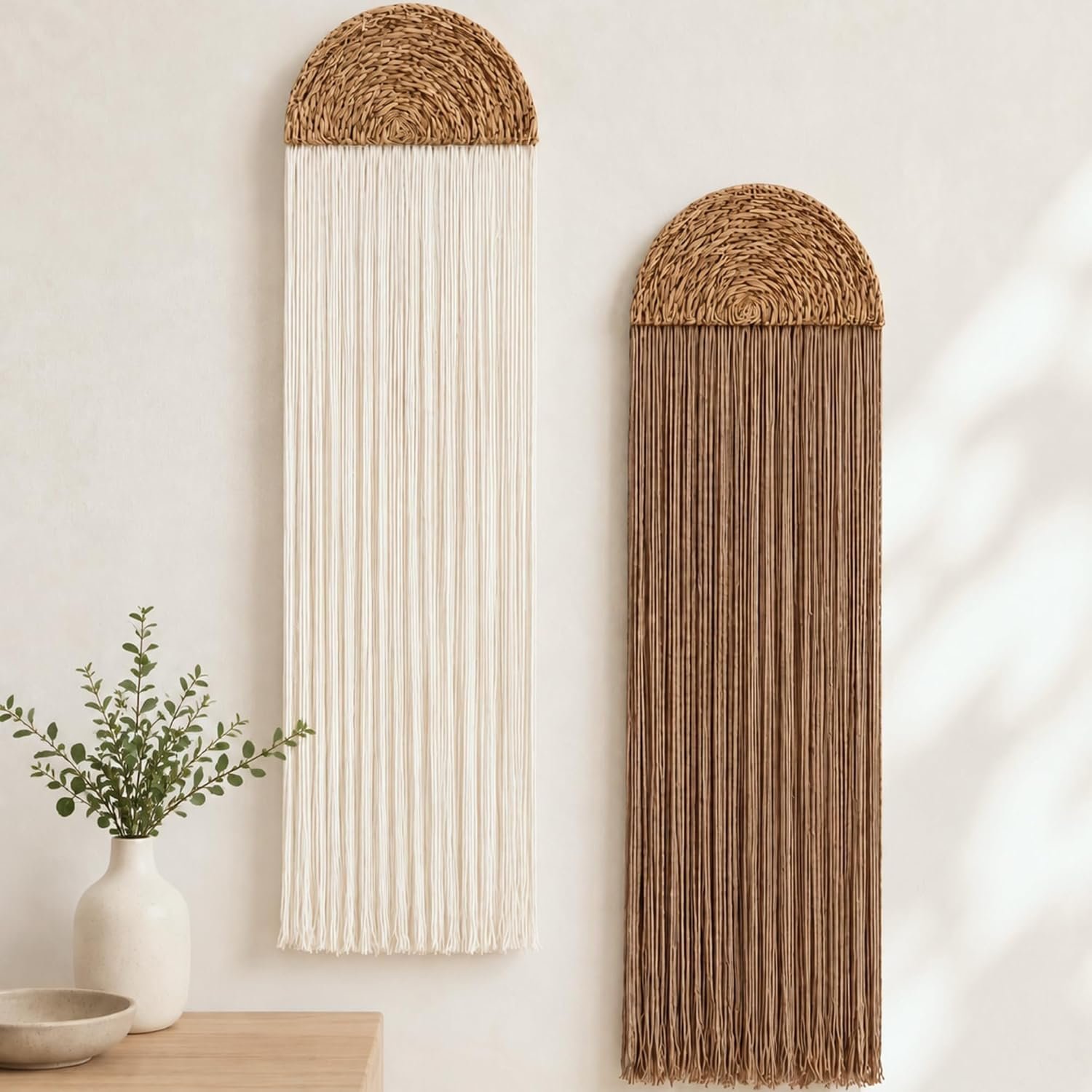 Flutesan 2 Pcs Macrame Wall Hanging Handmade Seagrass Woven Cotton Rope Wall Tapestry Boho Decor Macrame Art Art 13.7″ W x 51″ L W for Living Room Bedroom Headboard Decor