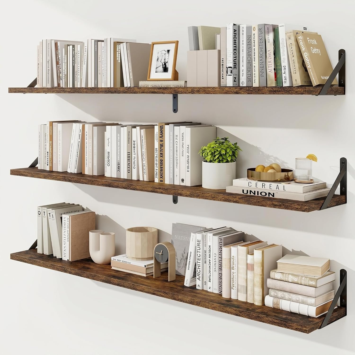 Floating Shelves, 8 Inch Deep Rustic Book Shelf for Wall, 48W x 8D Wall Shelves Set of 3, Heavy Duty Metal Brackets, Wood Display Shelf for Living Room, Kitchen, Bathroom, Study, Brown