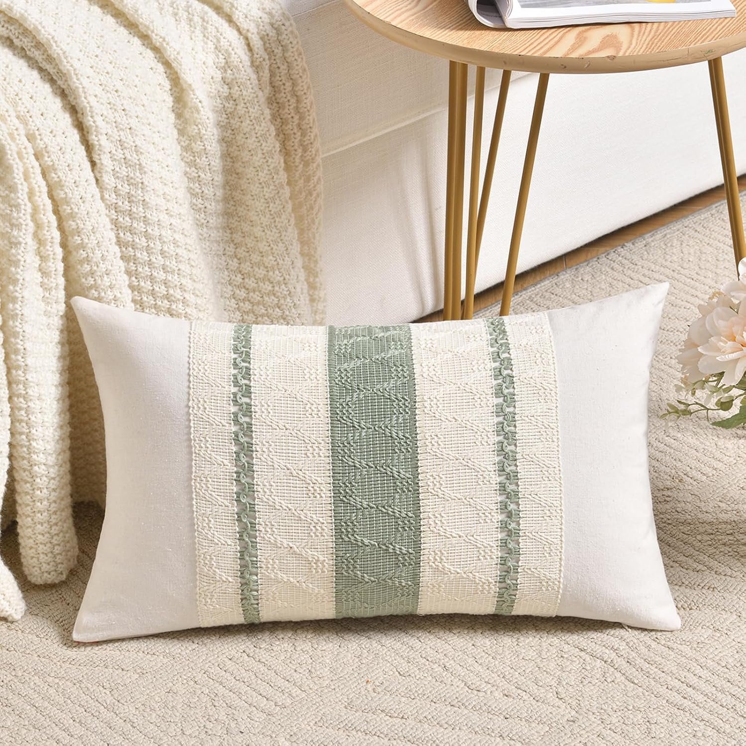Fancy Homi Set of 1 Sage Green Boho Lumbar Decorative Throw Pillow Covers 12×20 Inch for Living Room Bedroom Couch Bed Chair, Rustic Retro Cushion Case, Bohemian Room Home Decor