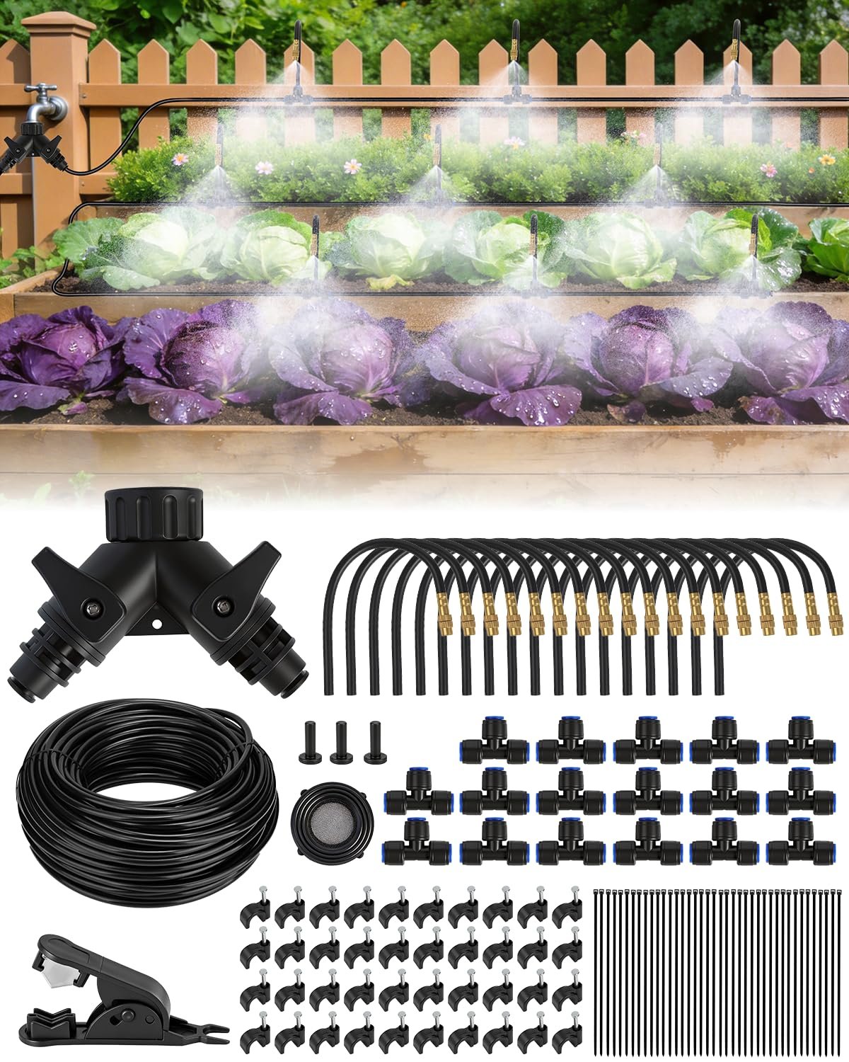 120FT Drip Irrigation System for Garden with 18 Nozzles –360° Adjustable Misting Nozzles, Quick-Connect Design, Ideal for Raised Beds, Lawns, Greenhouses & Outdoor Cooling