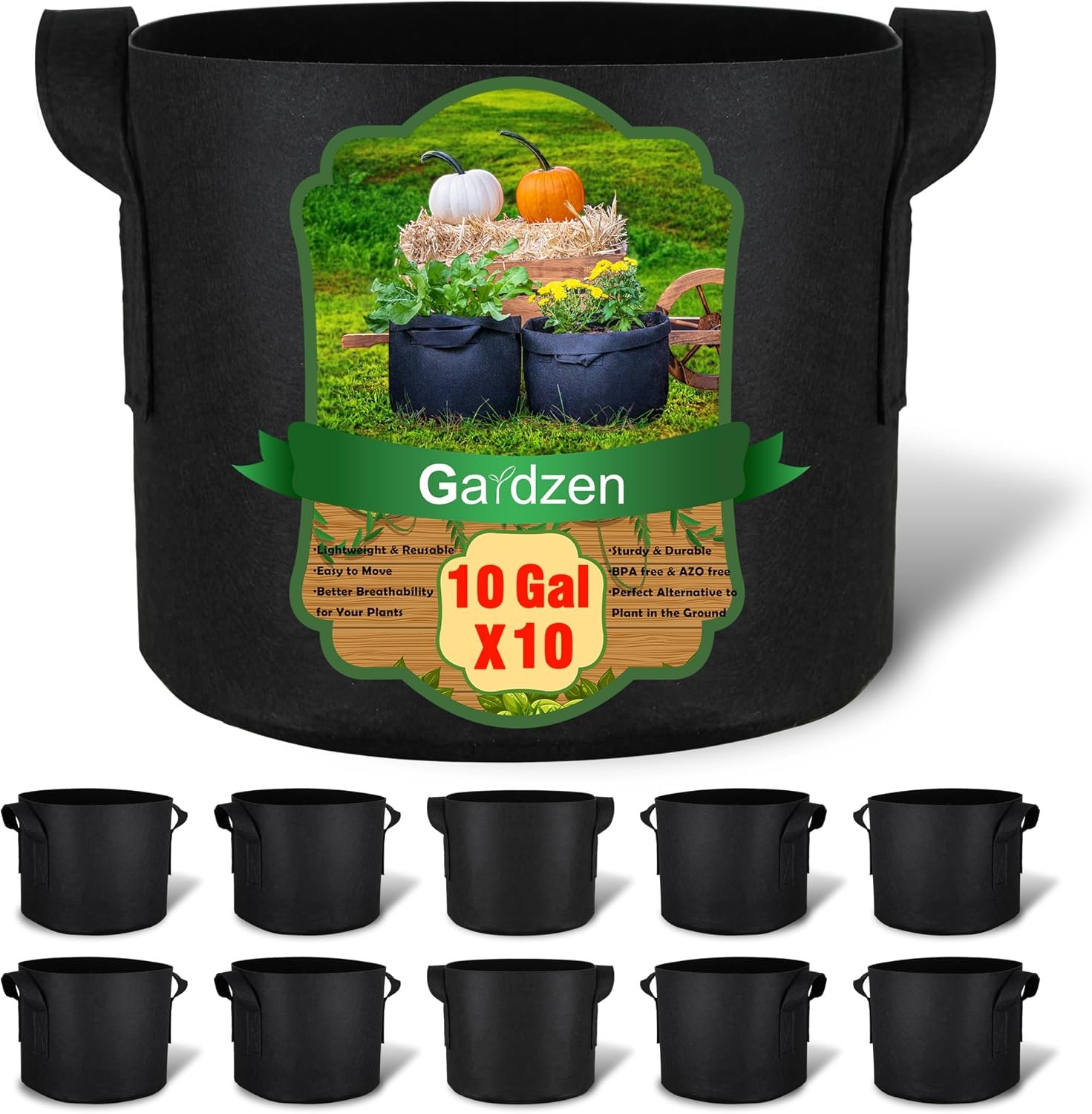 Gardzen 10-Pack 10 Gallon Grow Bags Fabric Pots with Heavy Duty Handles