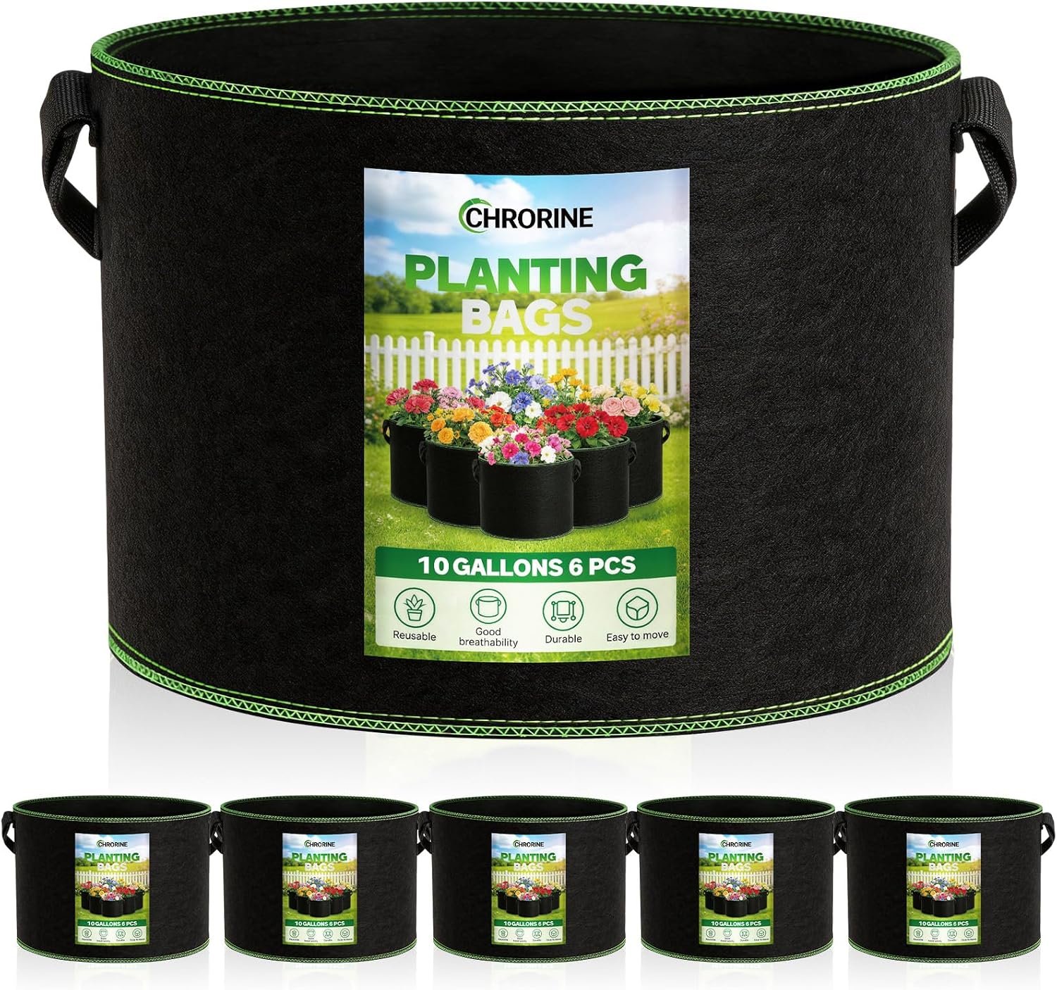 CHRORINE 6-Pack 10 Gallon Grow Bags 300G Thickened Aeration Fabric Pots with Handles Suitable for Planting Plants Flowers and Fruits