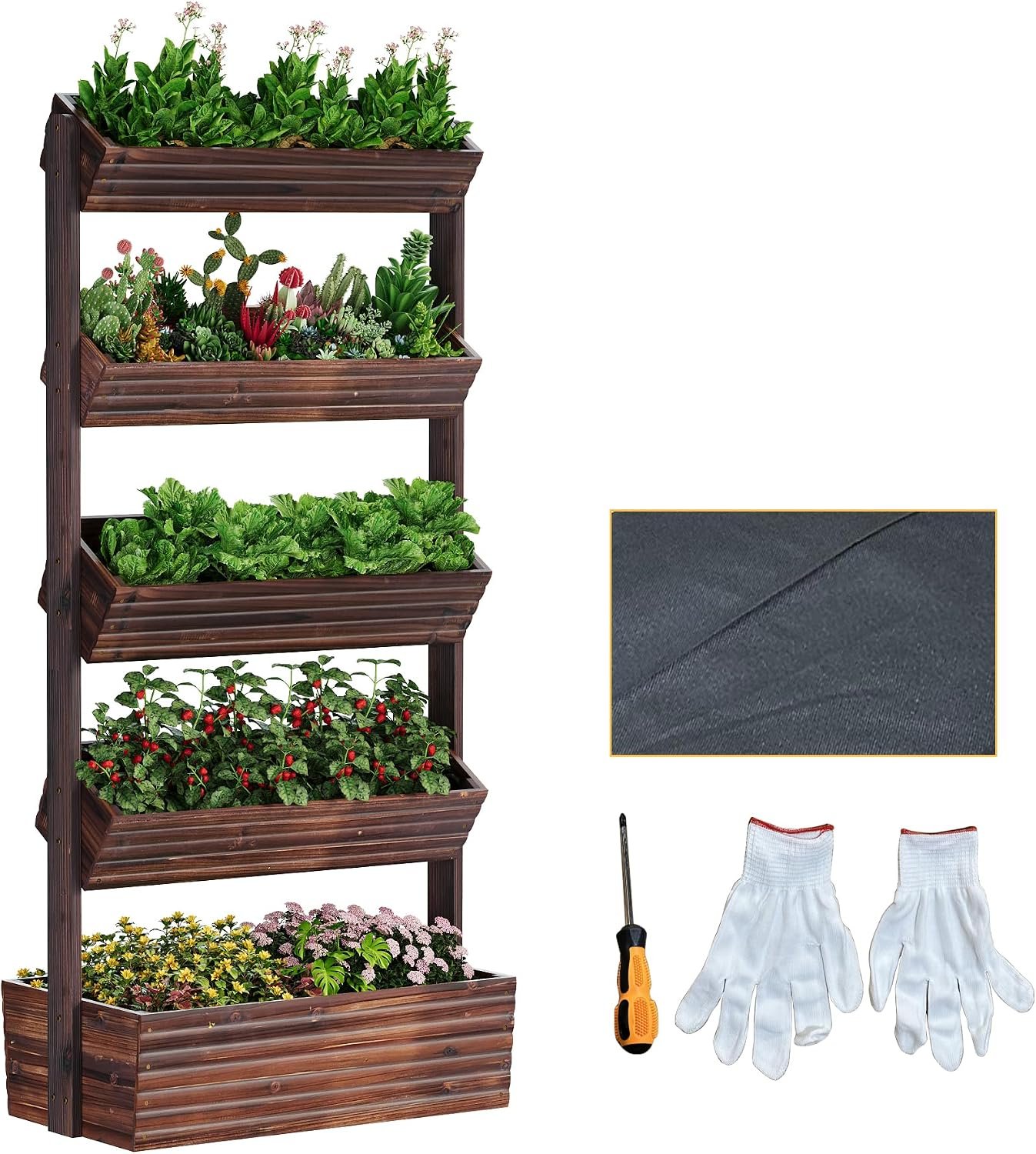 5-Tier Vertical Wooden Raised Garden Bed Planters Wood Planter Kit Plant Stand Flower Rack Planter Box Gardening Plants Herbs Flowers Vegetables Outdoor Indoor Freestanding (Carbonized)