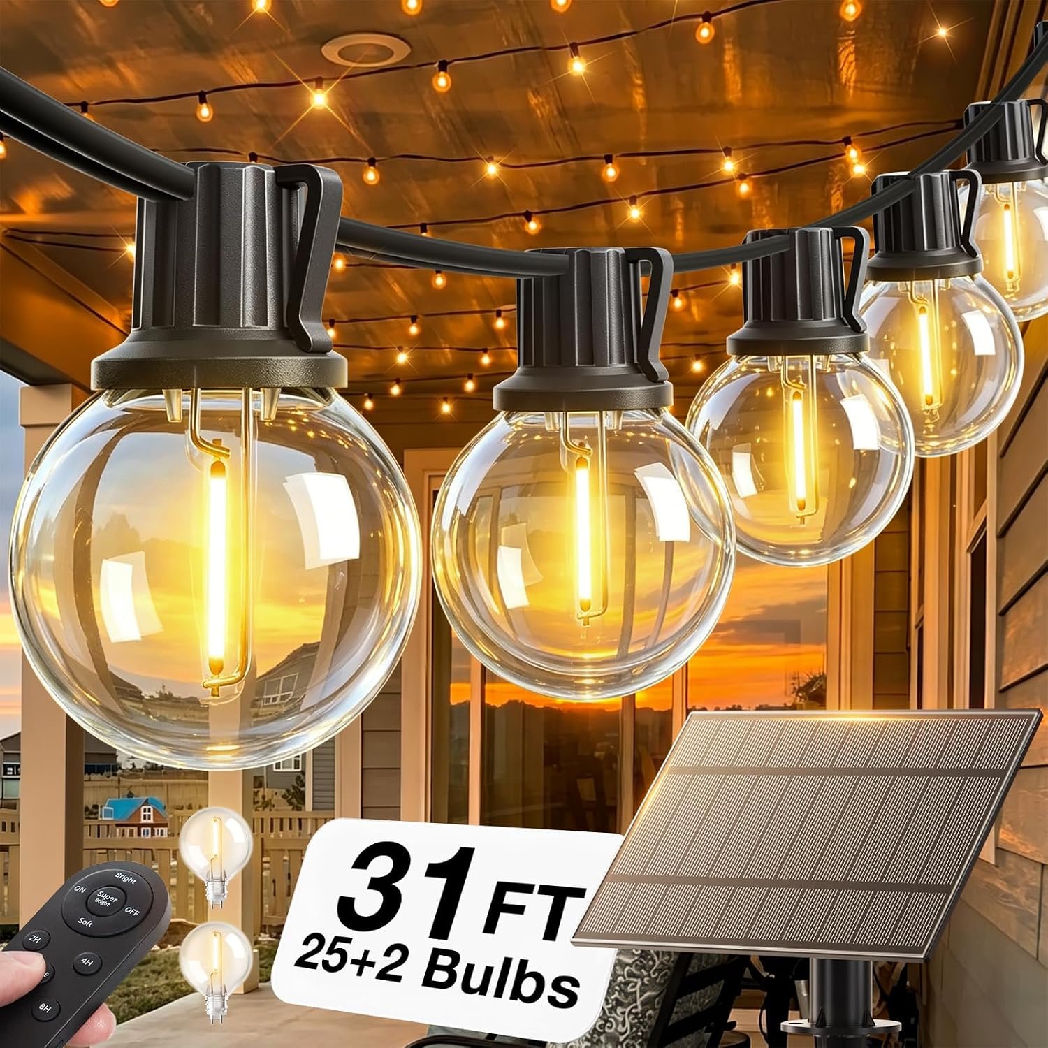 addlon 31FT(25+6) Solar String Lights Outdoor with 1FT Bulb Spacing