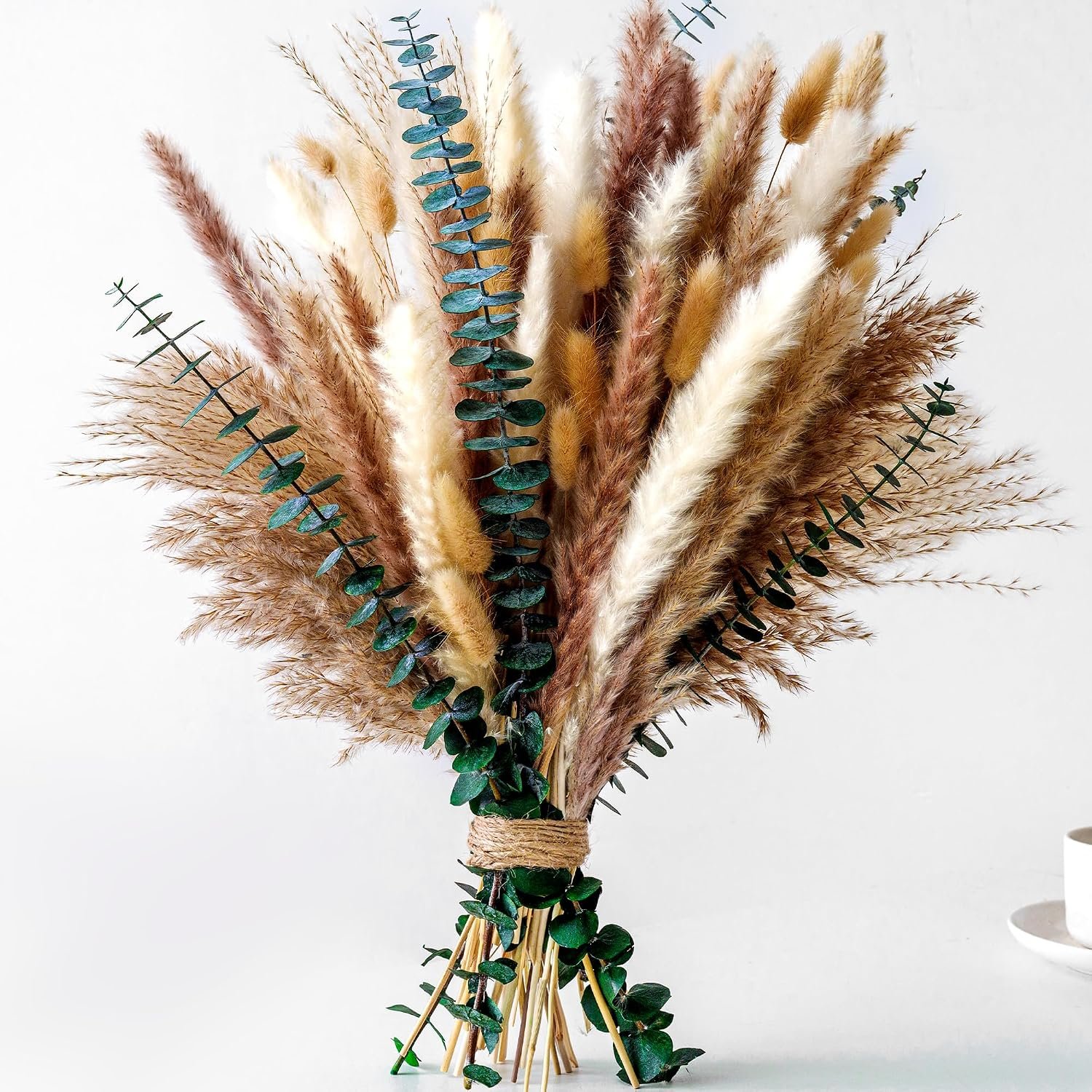 Pampas Grass Decor, Dried Flower Bouquet with Bunny Tail Grass, Pampas Grass & Eucalyptus, Boho Centerpieces for Tables & Floors – Dried Floral Arrangement, Fall Grass & Stylish Olive Green Wall Décor
