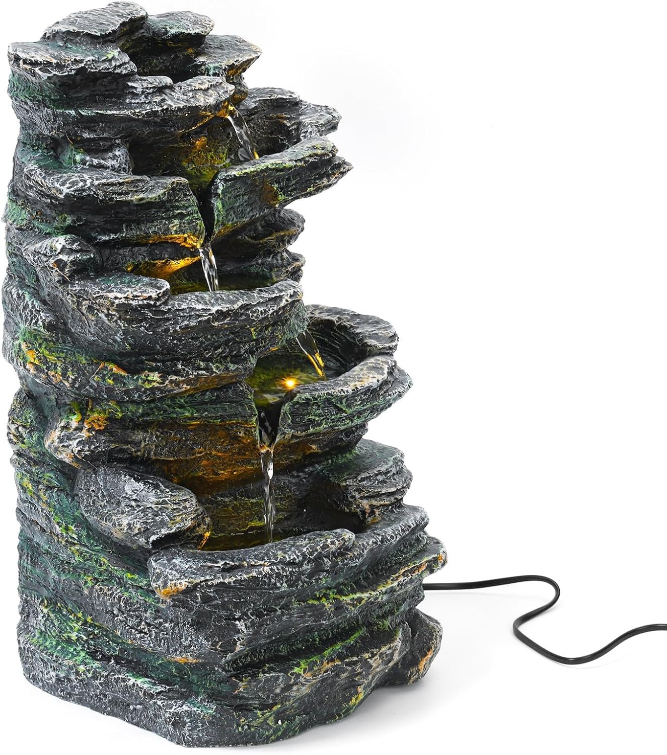18.1″ 6-Tier Cascading Rock Water Fountain, Outdoor Garden Waterfall Decor with LED Warm Light, Outside Patio Water Fou for Patio, Backyard, Porch and Home Art Decor Rock