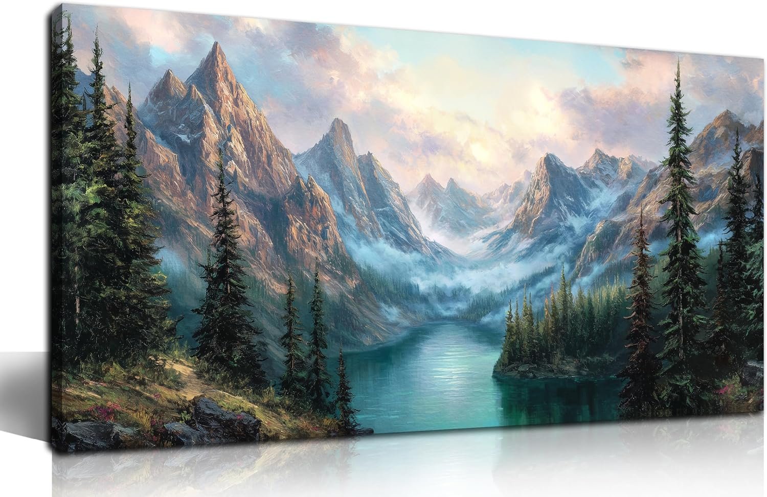 Nature Landscape Canvas Wall Art Green Pine Tree River Mountains Decor