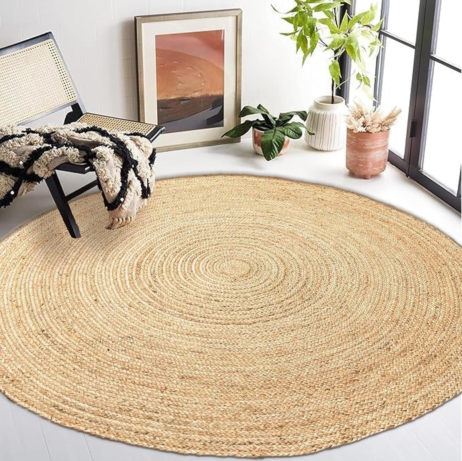 Chardin home Hand Woven Natural Jute Braided Rug – 8′ Round | Rustic Boho Farmhouse Reversible Area Rug for Living Room, Dining Room, Nursery, Entryway, Study, or Patio | Solid Natural Fiber Rug