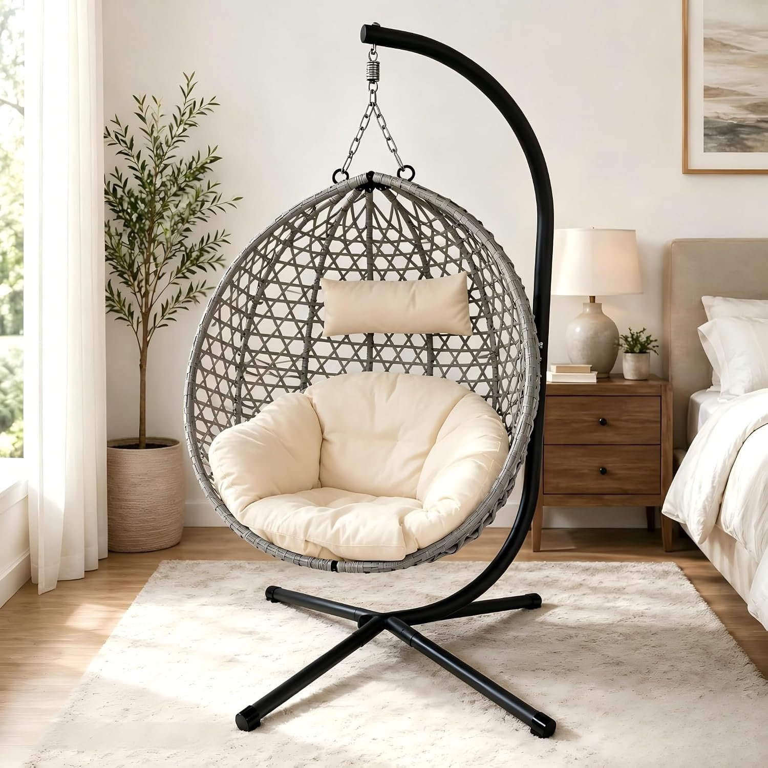 Folding Hanging Egg Chair with Stand, Beige+Grey