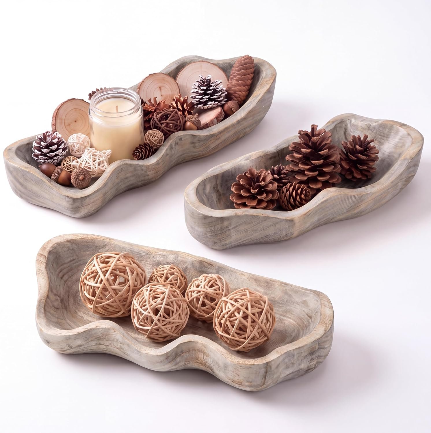 Nuogo 3 Pcs 16 Inch Wooden Decorative Dough Bowl, Wave Shaped