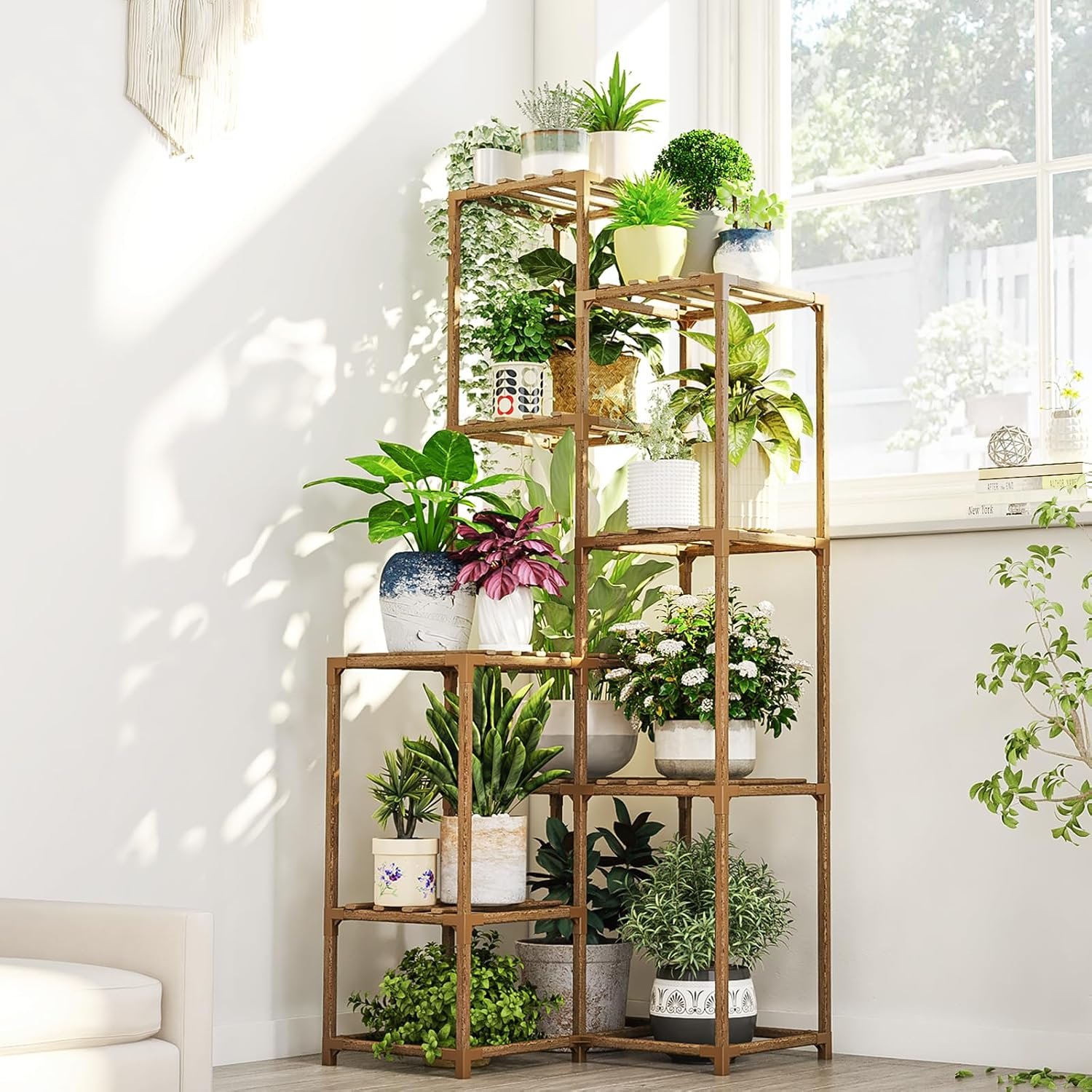 Bamworld Plant Stand Indoor Outdoor Corner Plant Shelf 54.7″ Tall Plant Table Wood Large Plant Holder for Multiple Plants Patio Balcony Garden Office Home Decor