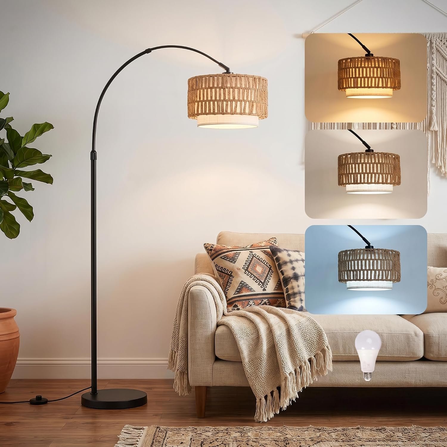 Arc Floor Lamp for Living Room with 12W Bulb,61.5″-72.4″ Height Adjustable Rattan Floor Lamps with 3 Color Temps, Farmhouse Arched Standing Lamp,Boho Floor Lamp, Arched Floor Lamps for Bedroom, Office