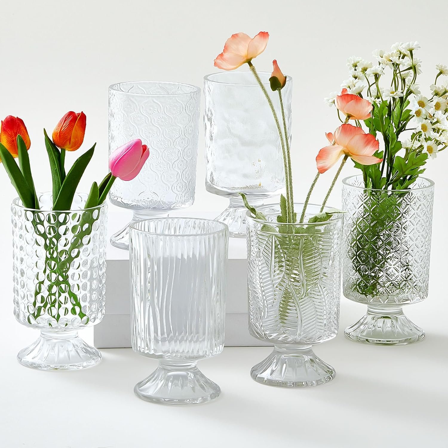 6 Pcs (H:7″ W:4″) Embossed Flower Vase Pedestal Glass Vase, Clear