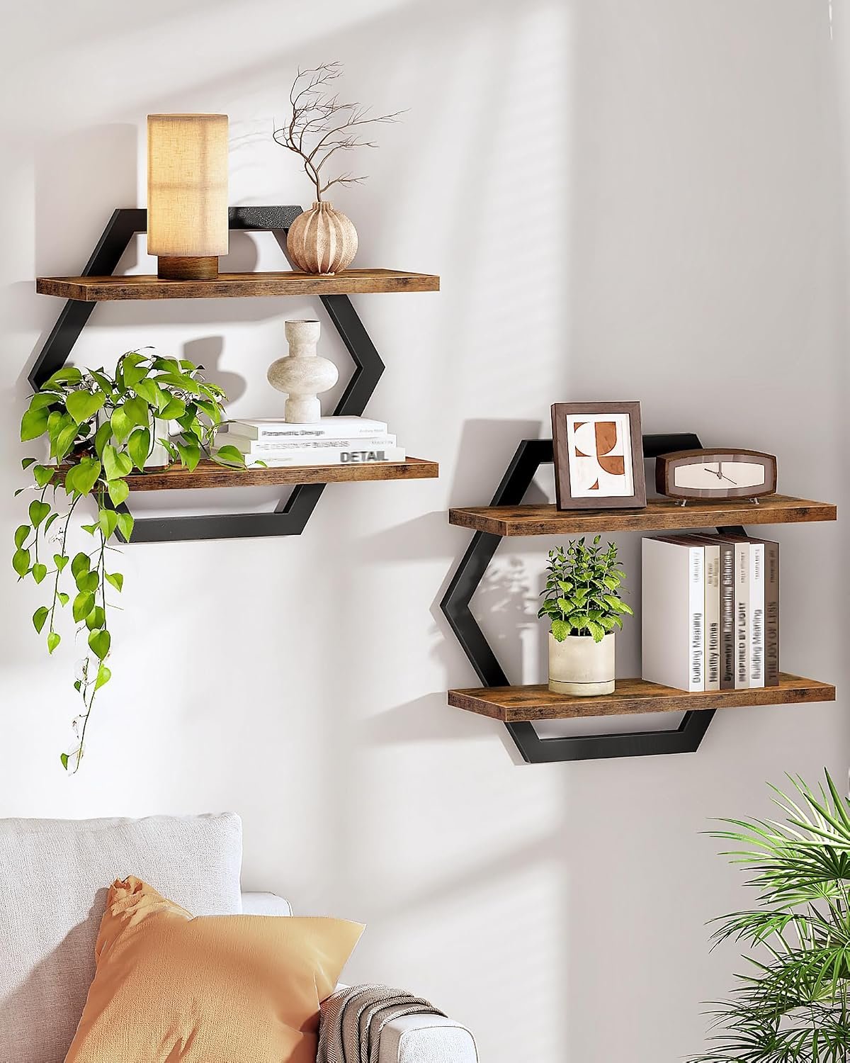 CHOEZON Hexagon Floating Shelves for Wall, Set of 2, 2 -Tier Hanging Shelves, Wall Mounted Storage Shelves, for Living Room, Bedroom, Kitchen, Home Office, Study, Rustic Brown and Black TBJ06P2BF