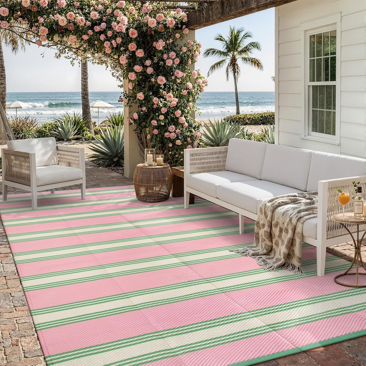 Lahome Striped Outdoor Rug 8×10 Patio Waterproof, Pink Outdoor Patio Rug