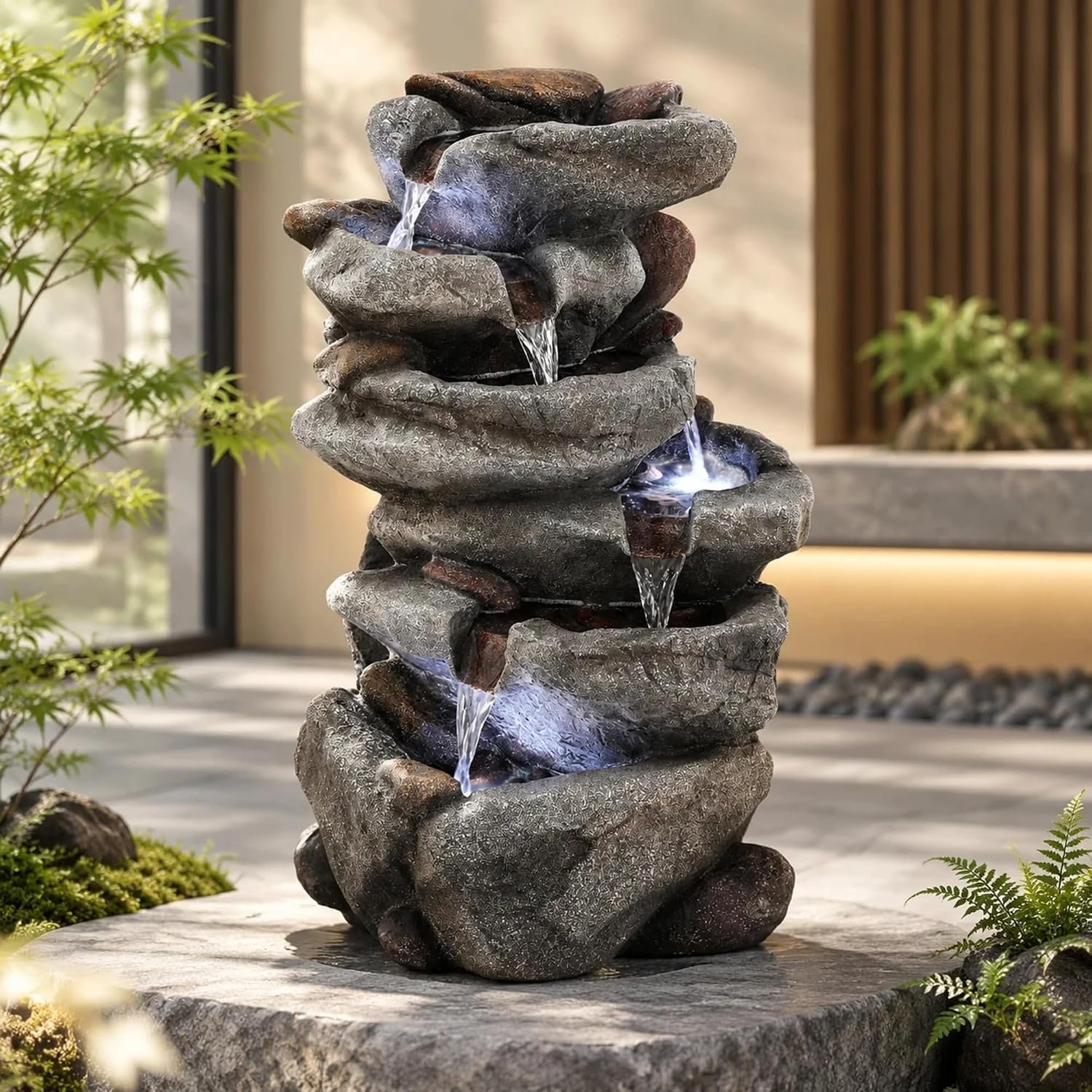 5-Tier Rock Outdoor Water Fountain with LED Cascading Waterfall