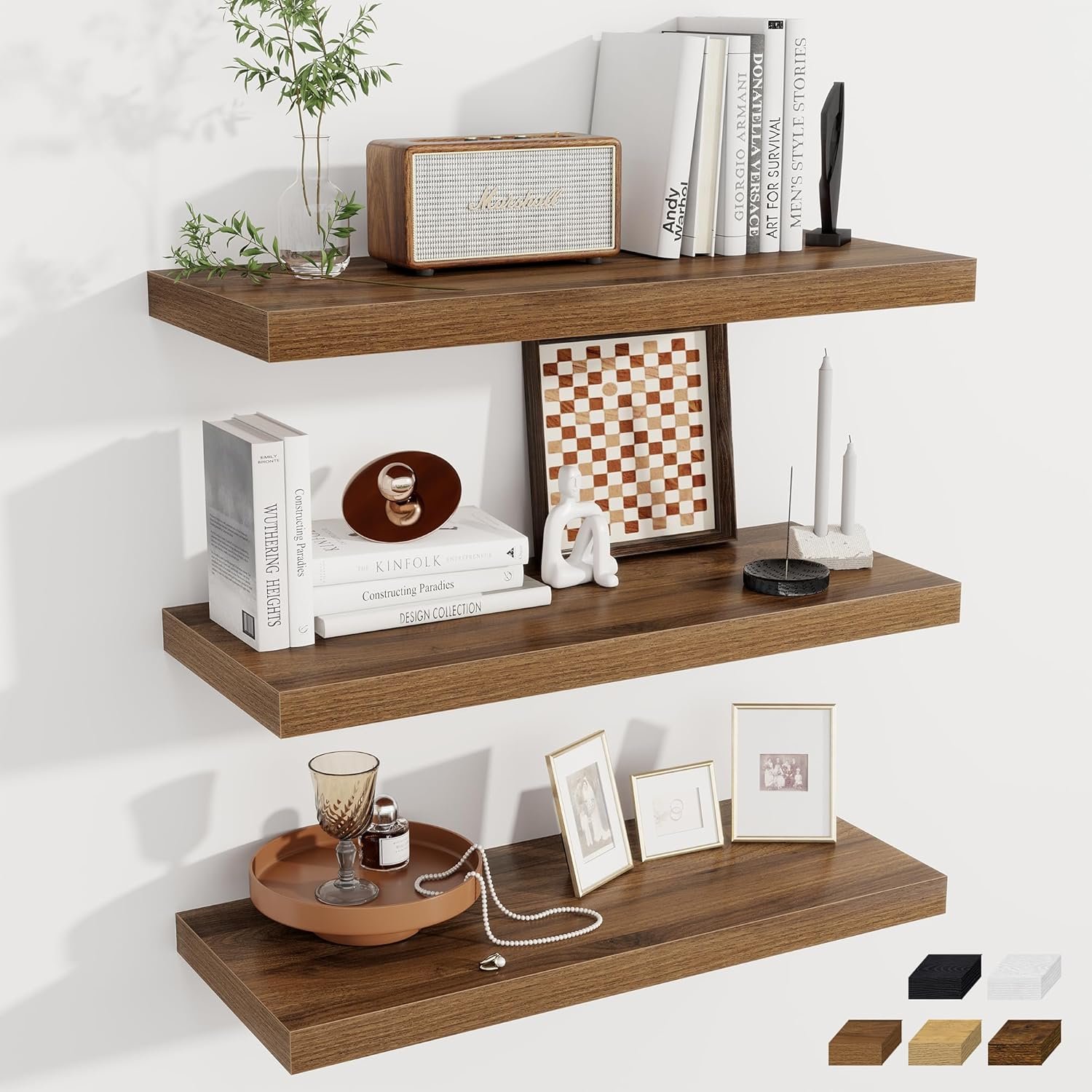Fun Memories 12 Deep Floating Shelves for Wall | 30W x 12D Large Floating Shelves | 3 Pack Storage Space Wall Mount Shelf for Living Room Bathroom Toilet Laundry Room Kitchen Home Office – Walnut