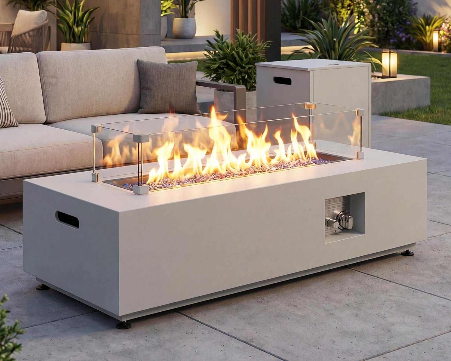 NICESOUL 42″ Outdoor Propane Fire Pit Table, 50,000 BTU Rectangle Natural Gas Firepit with Tank Table, No Assembly Low Profile Fire Table for Outside Patio & Backyard, CSA Certified, Grayish White