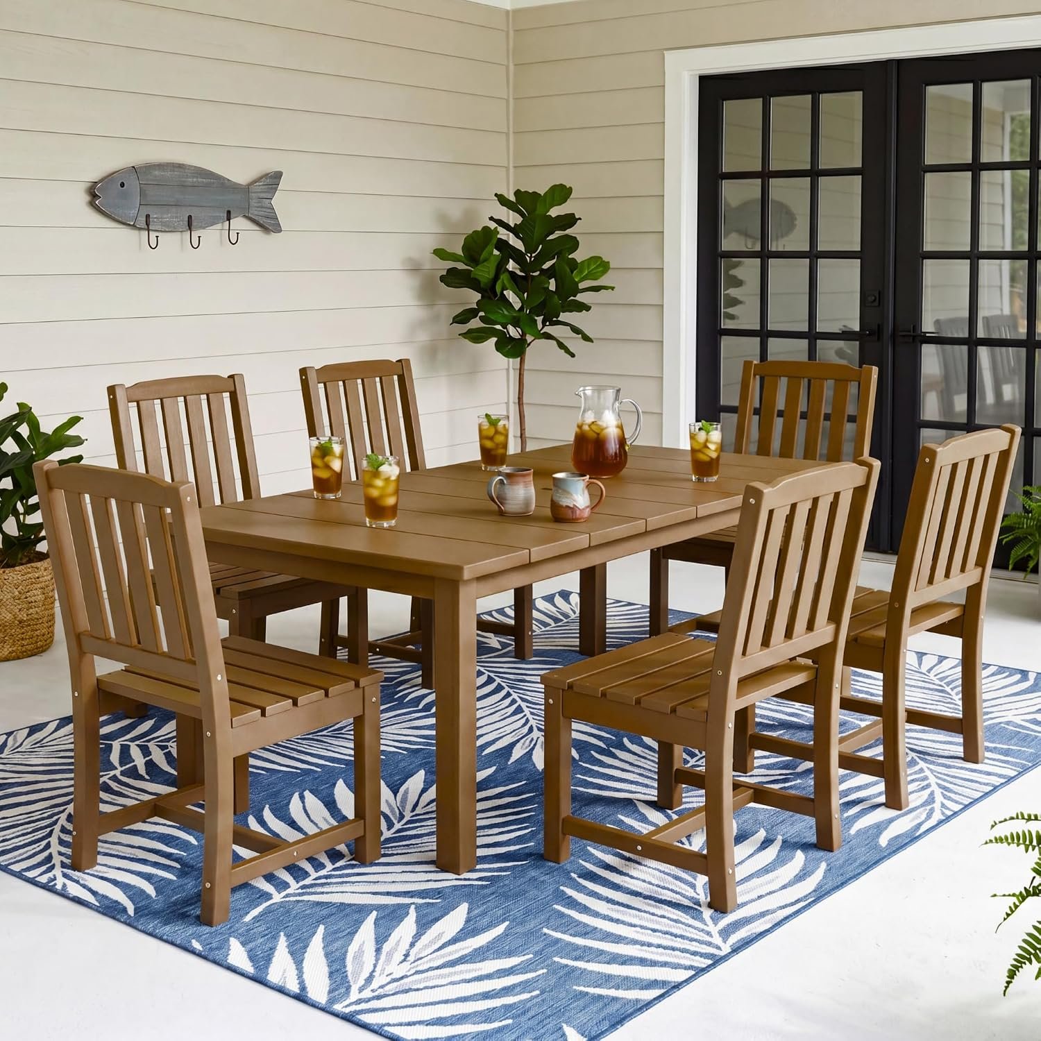 Perli™ 7-Piece Outdoor Dining Set, All-Weather HDPE Patio Table and 6 Chairs with Umbrella Hole, UV-Resistant Composite Wood Dining Furniture for Deck, Backyard, Poolside, Brown