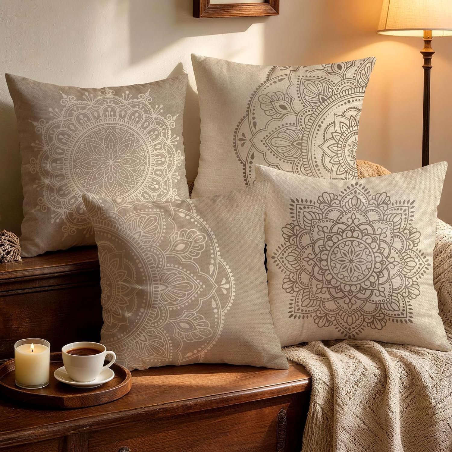 OBSEDE Neutral Taupe Boho Mandala Throw Pillow Covers 18×18 Inches Set of 4