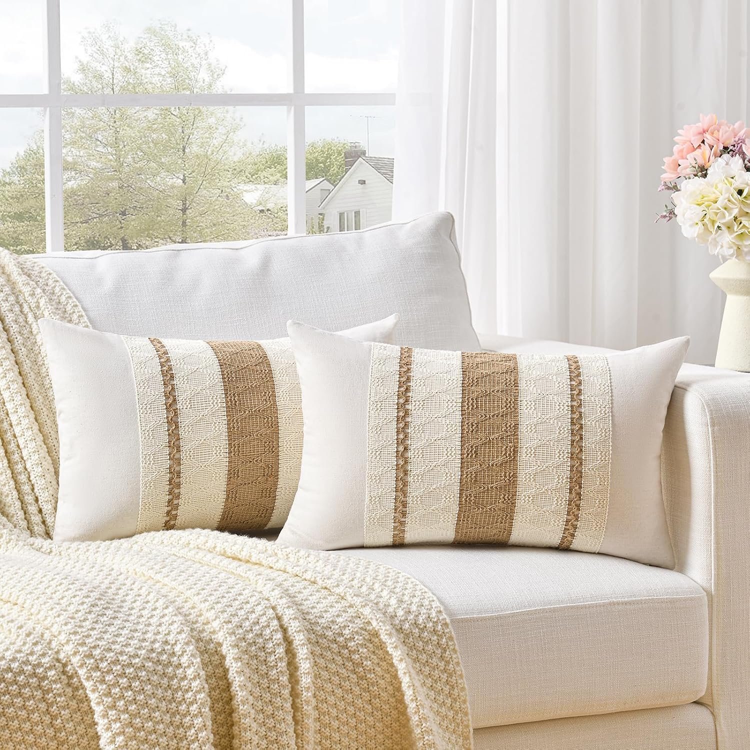 Fancy Homi Set of 2 Boho Neutral Lumbar Decorative Throw Pillow Cover 12×20 Inch for Couch Bed Sofa Chair, Modern Organic Farmhouse Home Decor, Soft Cotton Cute Accent Tan Rectangle Cushion Case