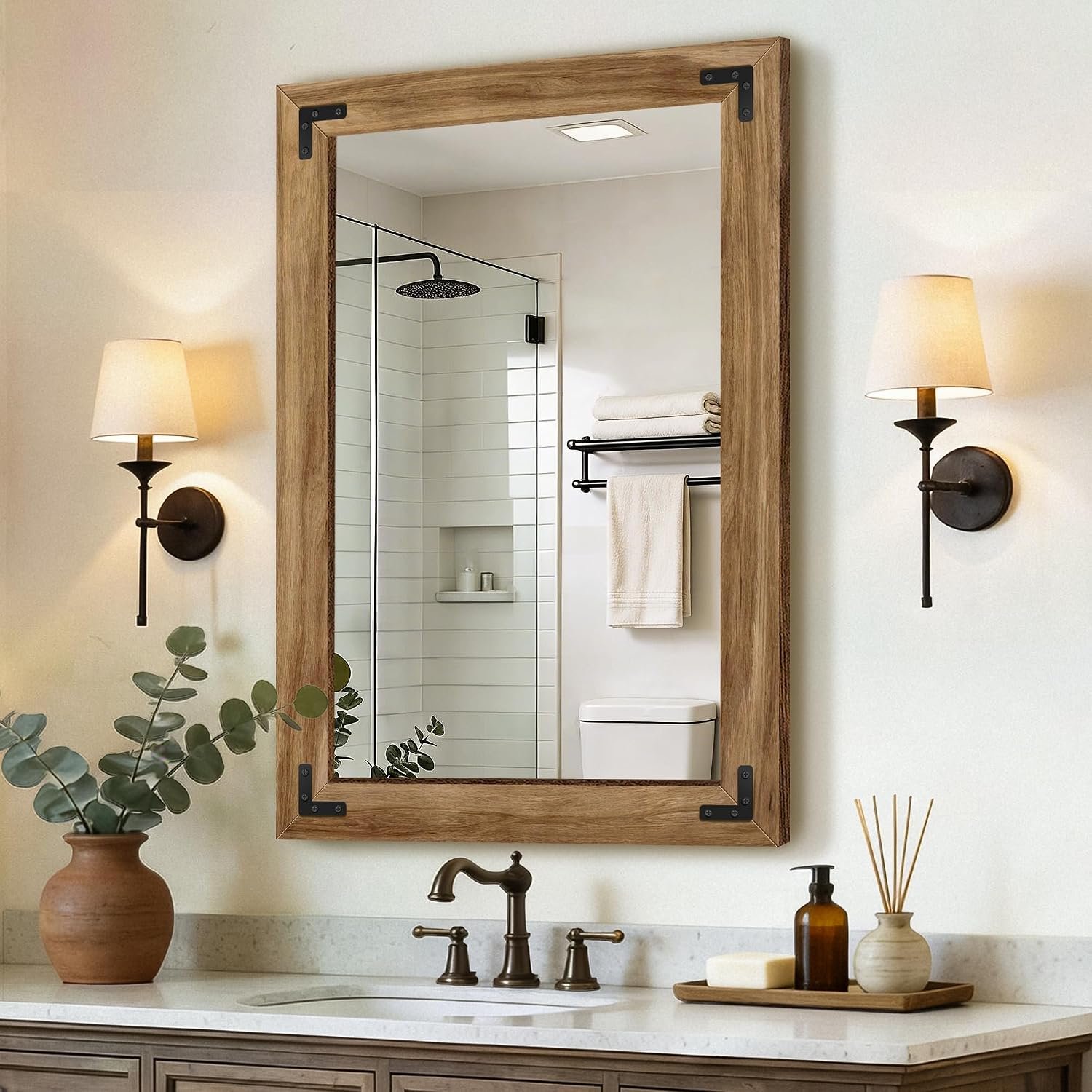 Wood Bathroom Mirror, 26″x38″ Farmhouse Mirror for Wall