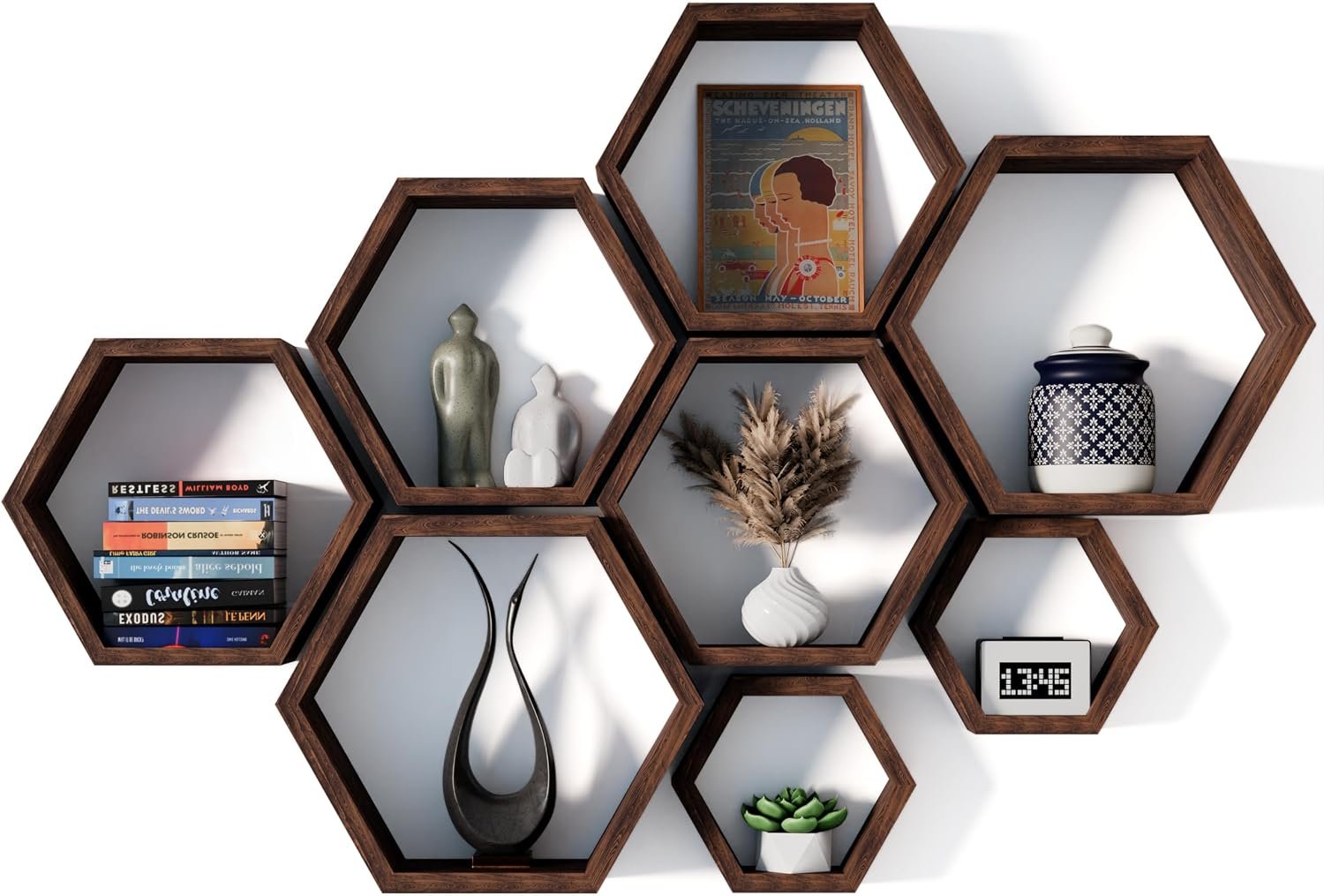 Hexagon Floating Shelves Set of 8 Honeycomb Shelves for Wall, Wooden Hexagon Shelves for Farmhouse Storage