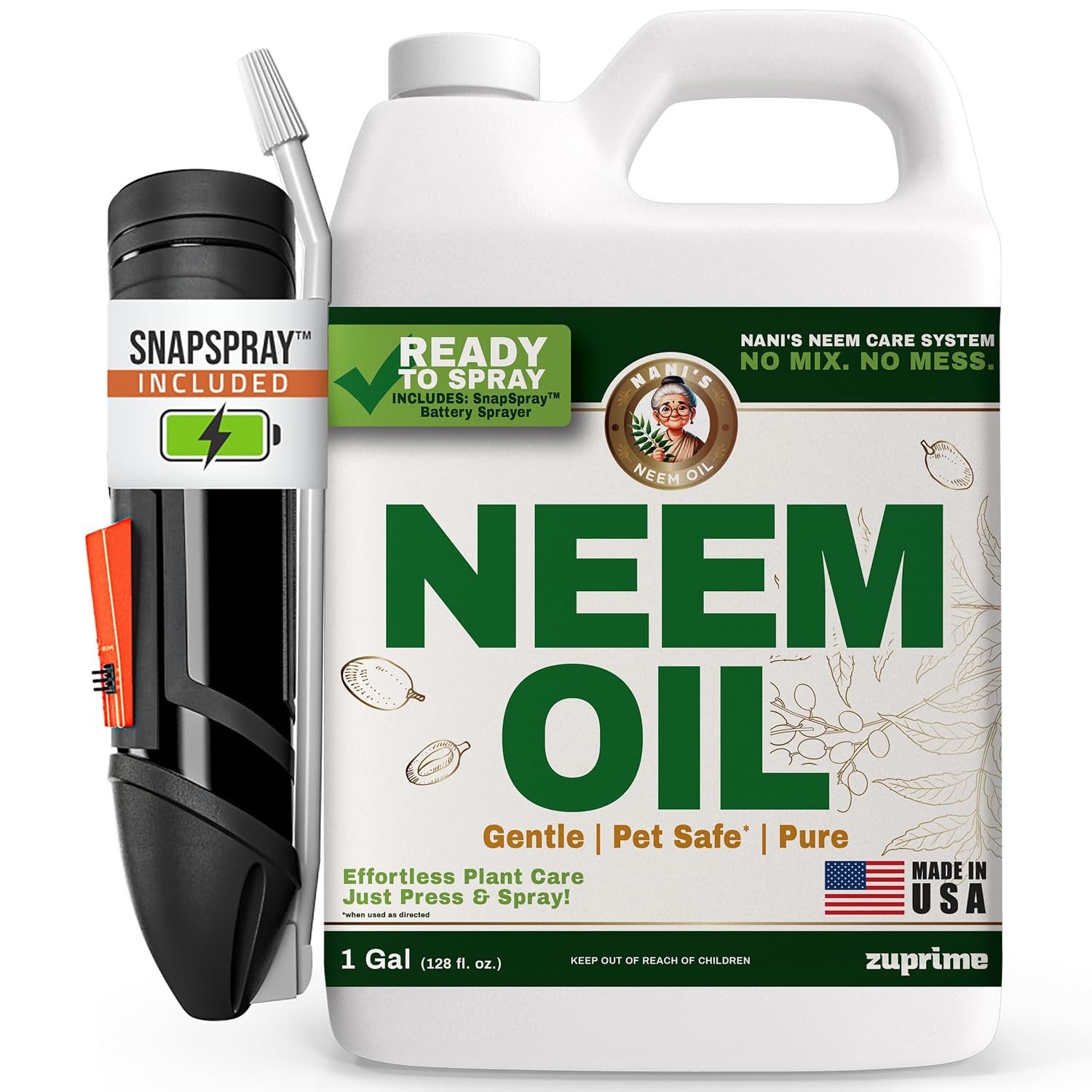 Nani’s Neem Oil Spray for Plants w/SnapSpray (1 Gallon) – Ready-to-Use, Made from 100% Cold-Pressed Organic Neem Oil for Plants – Indoor & Outdoor Use for Healthier Horticultural Growth