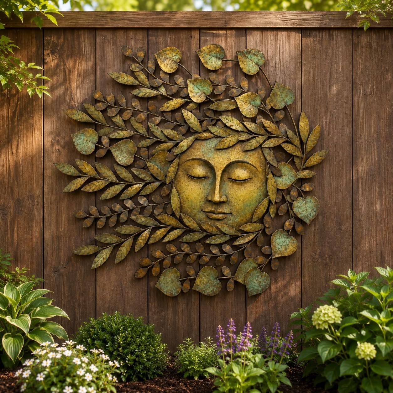 LOKAUS Botanical Moon Face Metal Wall Art, Boho Nature Decor for Patio, Garden, Fence, Porch, Home, UV-Printed, 8 to 32 in