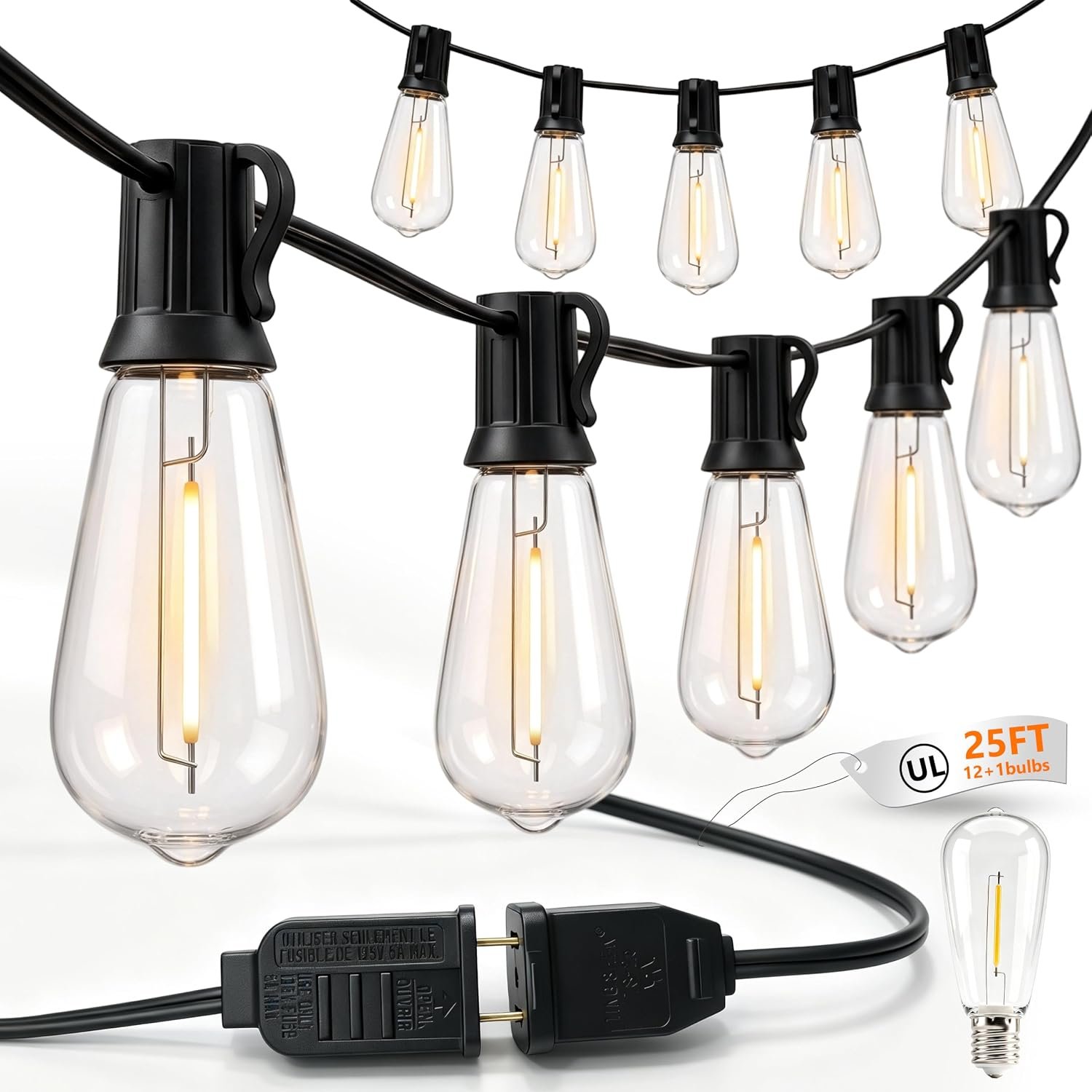 25FT ST40 LED Outdoor String Lights with 12 Shatterproof Vintage Edison Bulbs, Waterproof Patio Lights for Backyard Porch Bistro Party Decor, 2700K Warm White