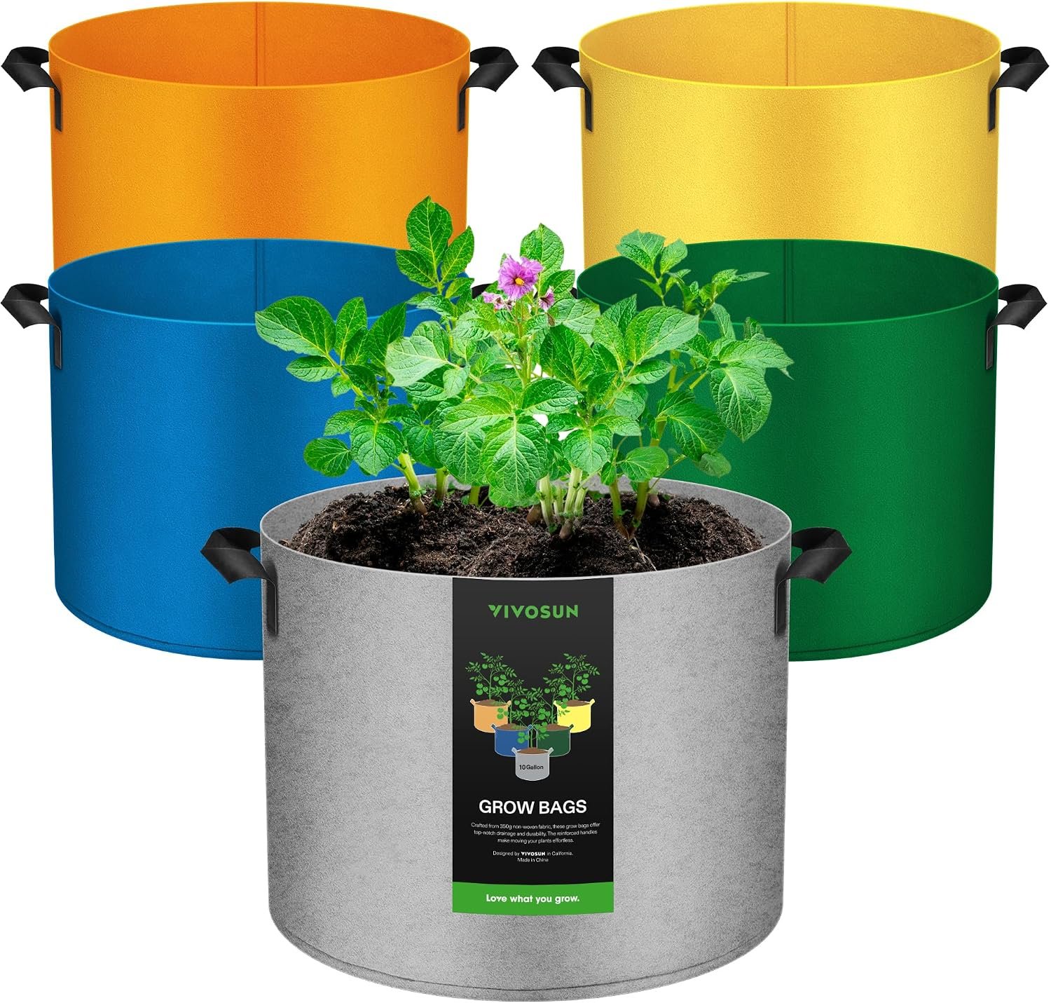 VIVOSUN 5-Pack 10 Gallon Colorful Grow Bags, 350G Fabric Pots with Handles