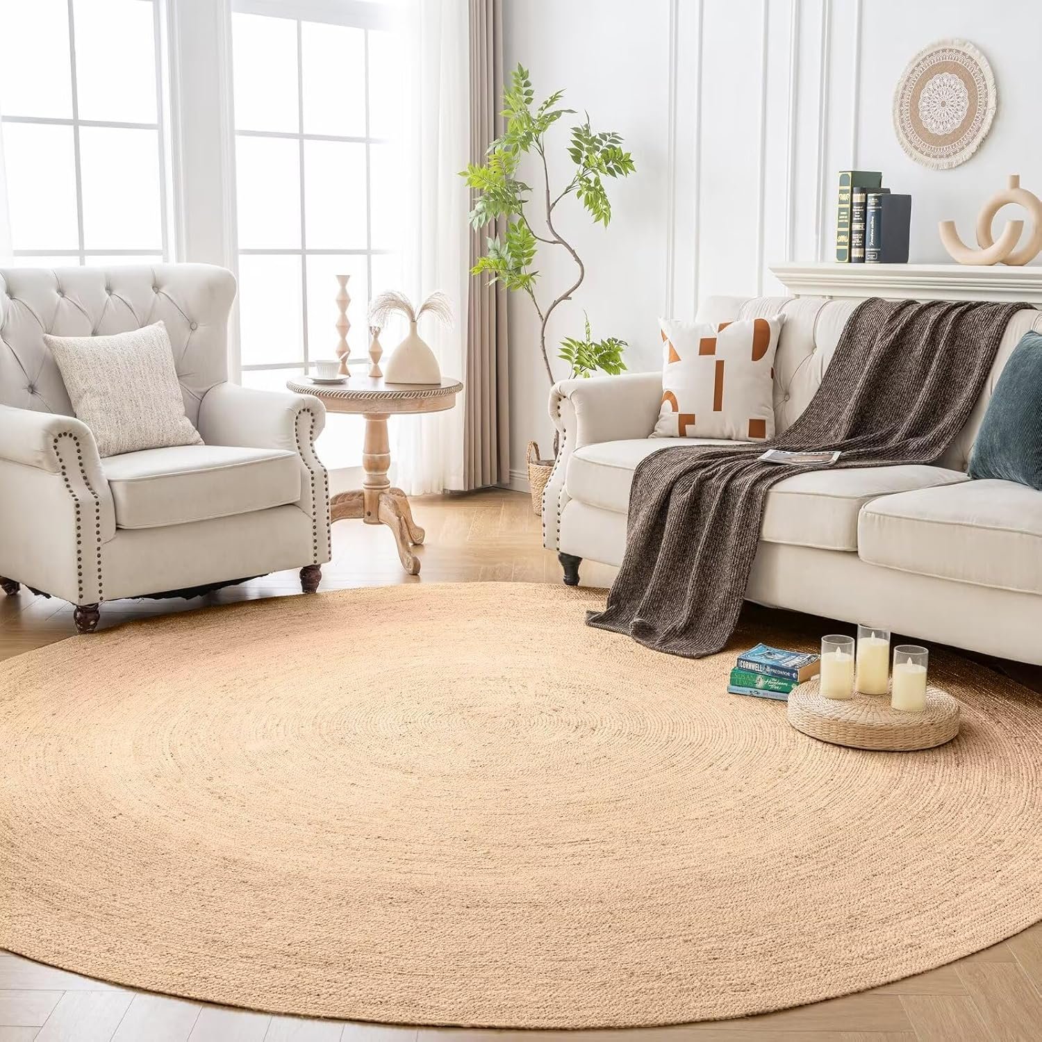 Shatex Round Jute Rug 8 Feet, Chunky Hand Braided Rug Farmhouse Style for Home Decor, Bedroom, Living Room, 100% Natural Jute Fiber, Diameter 96 Inch, Natural