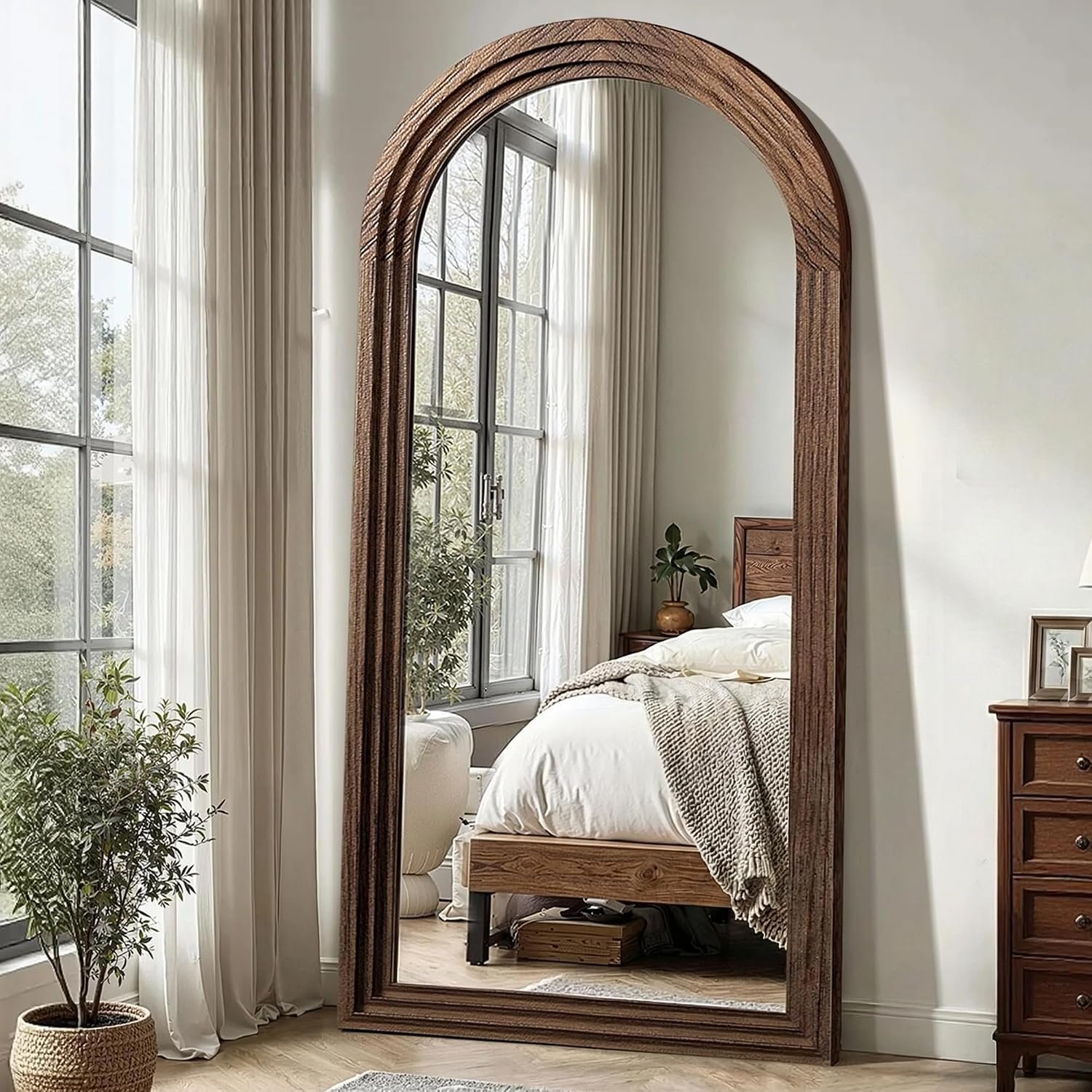 Delma Arched Full Length Mirror with Stand, 75×35 Brown Wood Floor Mirror