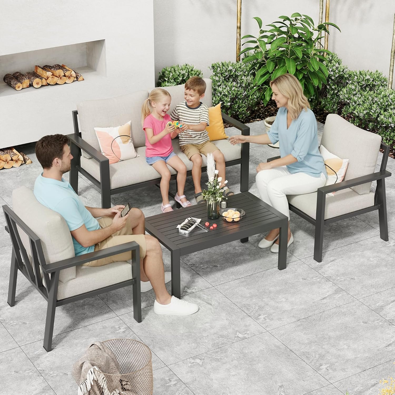 4-Piece Aluminum Outdoor Patio Furniture Sets All-Weather Patio Conversation Set Sectional Sofa with Coffee Table & Cushions with Removable Covers for for Deck Backyard Garden Poolside Balcony Porch