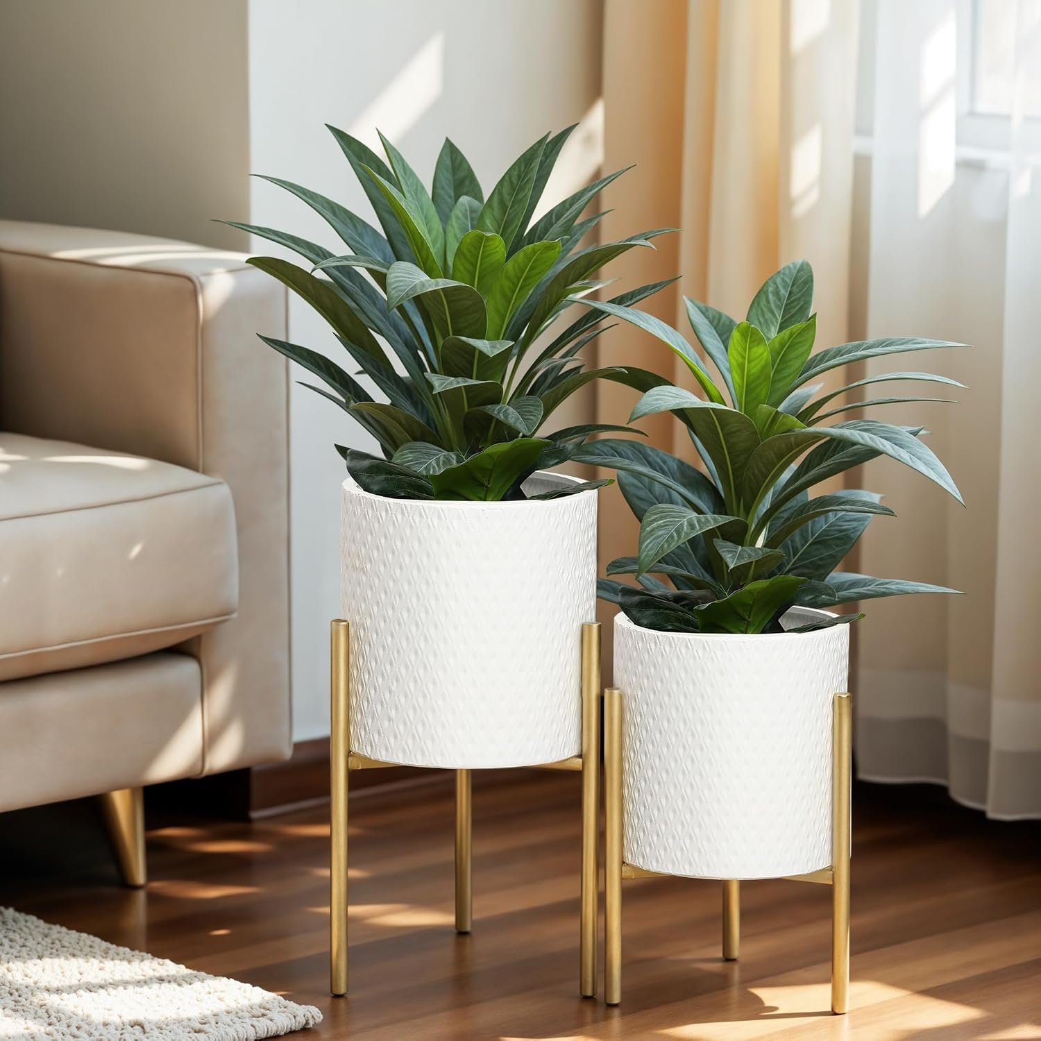 LuxenHome Indoor Planters, Set of 2 White Planter with Gold Metal Stand