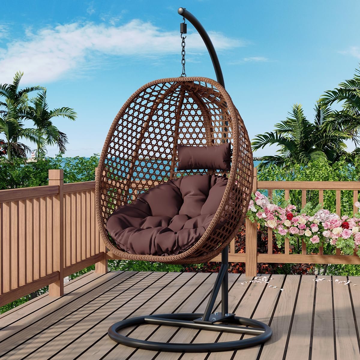 JUFU Egg Chair with Stand, Indoor and Covered Outdoor Hanging Egg Swing Chair with Thick Cushion and Headrest, 350 lb Capacity for Patio, Balcony, Porch, Bedroom, Brown