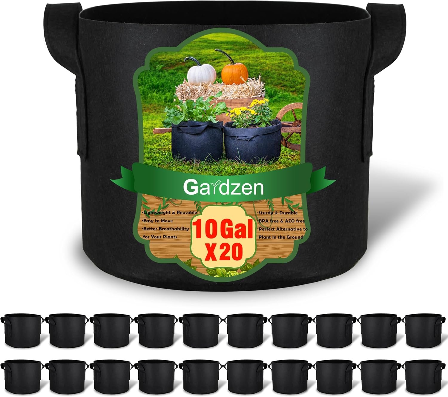 Gardzen 20-Pack 10 Gallon Grow Bags Fabric Pots with Heavy Duty Handles