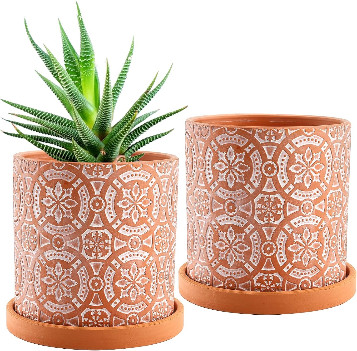 Jucoan 2 Pack Terracotta Plant Pot, 5” Red Clay Planter Pot with Boho Flower Pattern, Ceramic Cactus Flower Planter Succulent Pot with Drainage Hole and Saucer for Indoor Outdoor Plant