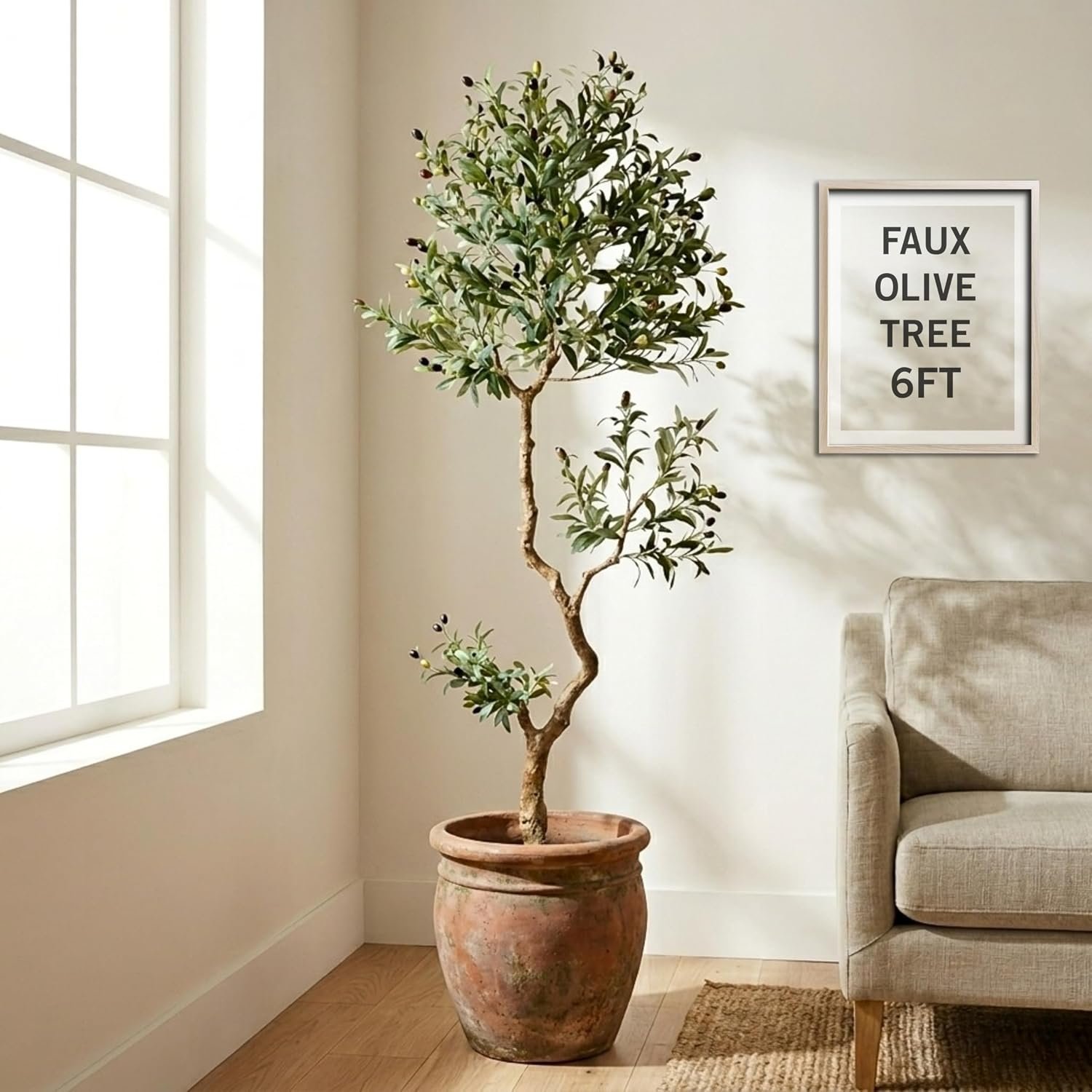 Fake Olive Tree 6.0 Feet – Artificial Plants Indoor, Faux Olive Tree, Fake Tree for Home Decor, Faux Trees Indoor for Living Room, Office, Bedroom – Tall Artificial Trees for Home, Designer Tree