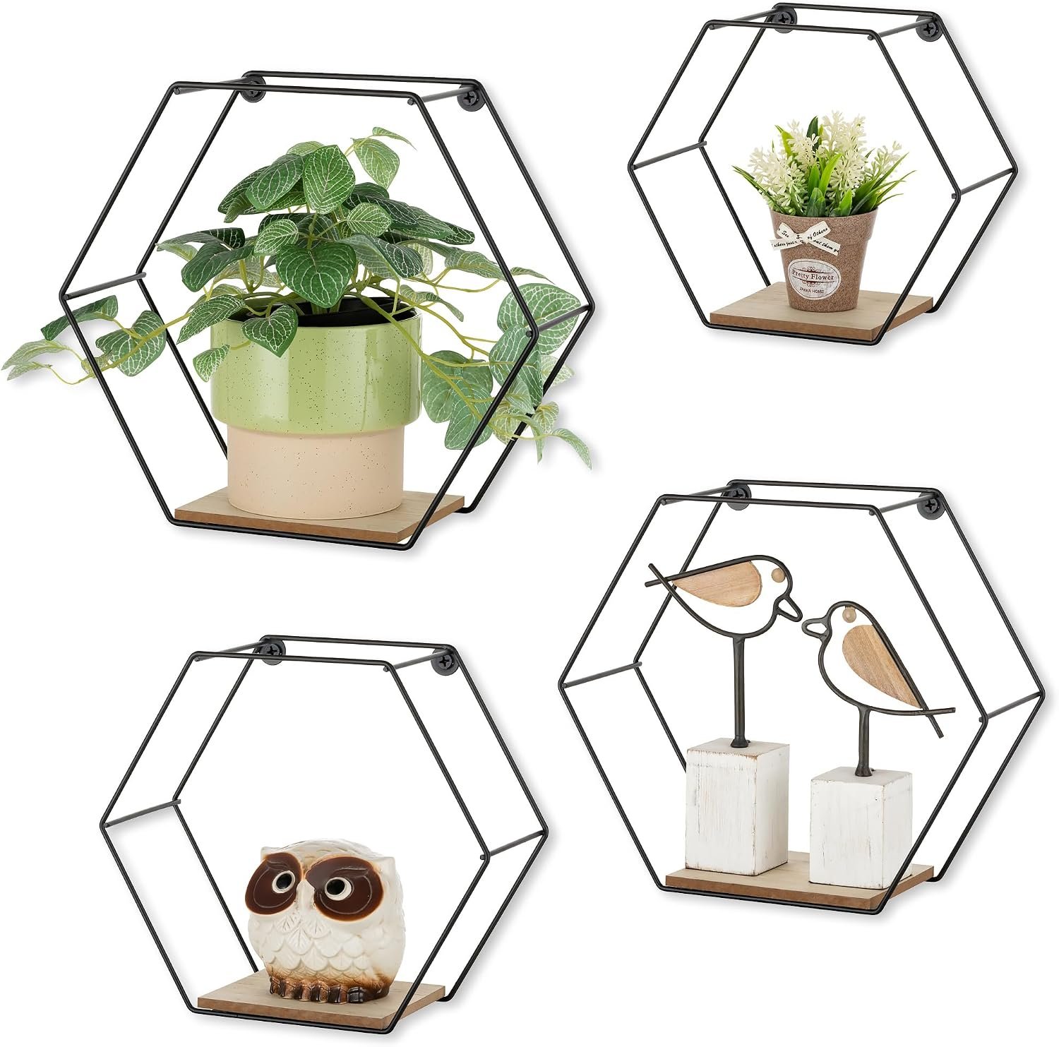 Hexagon Shelves Black for Wall – Metal Wood Floating Honeycomb Shelf – Hanging Planter Shelves for Living Room Bedroom Bathroom Set of 4