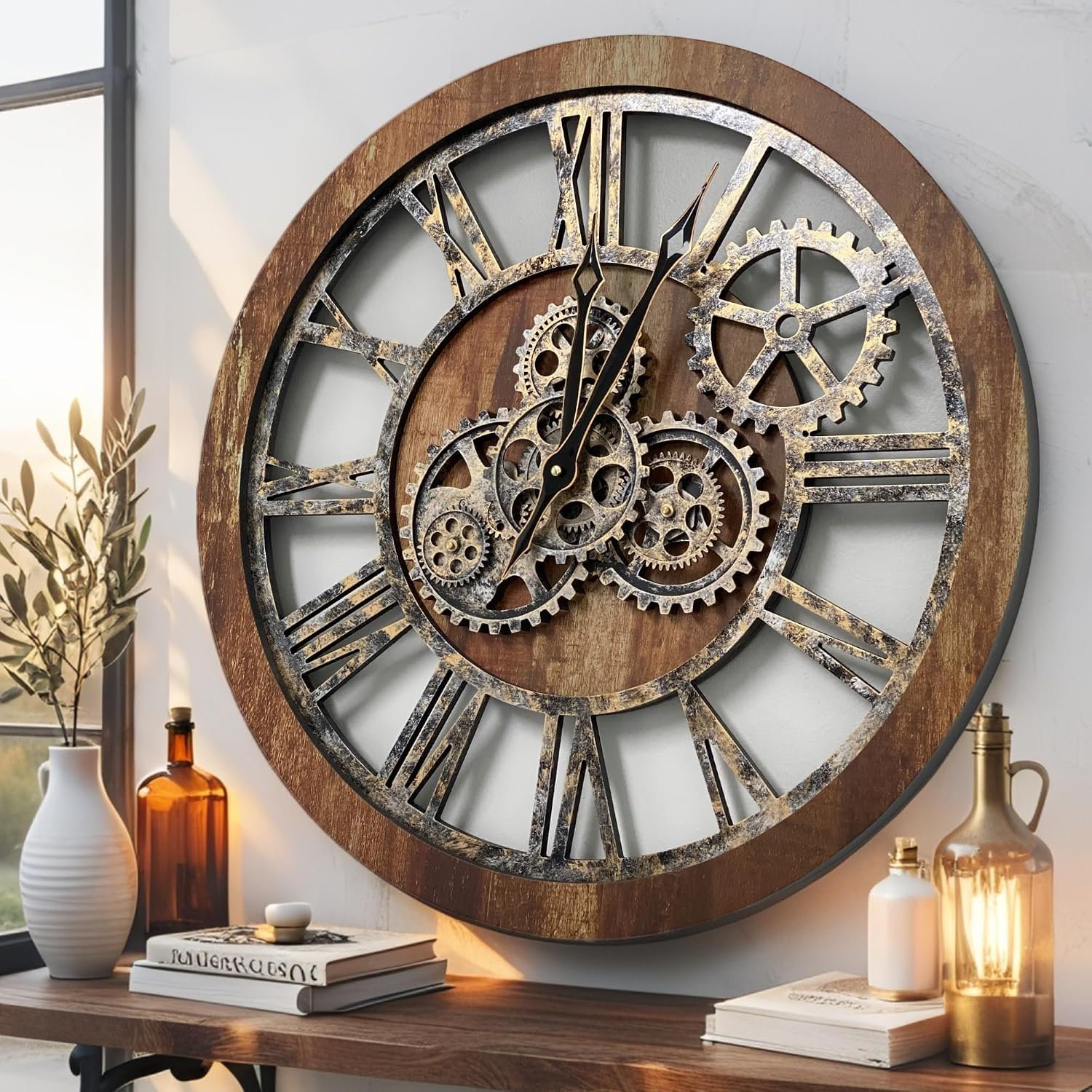 ImprovingLife The Original Real Moving Gear Wall Clock Vintage Industrial Oversized Rustic Farmhouse (24 inch (60cm), Vintage Brown)