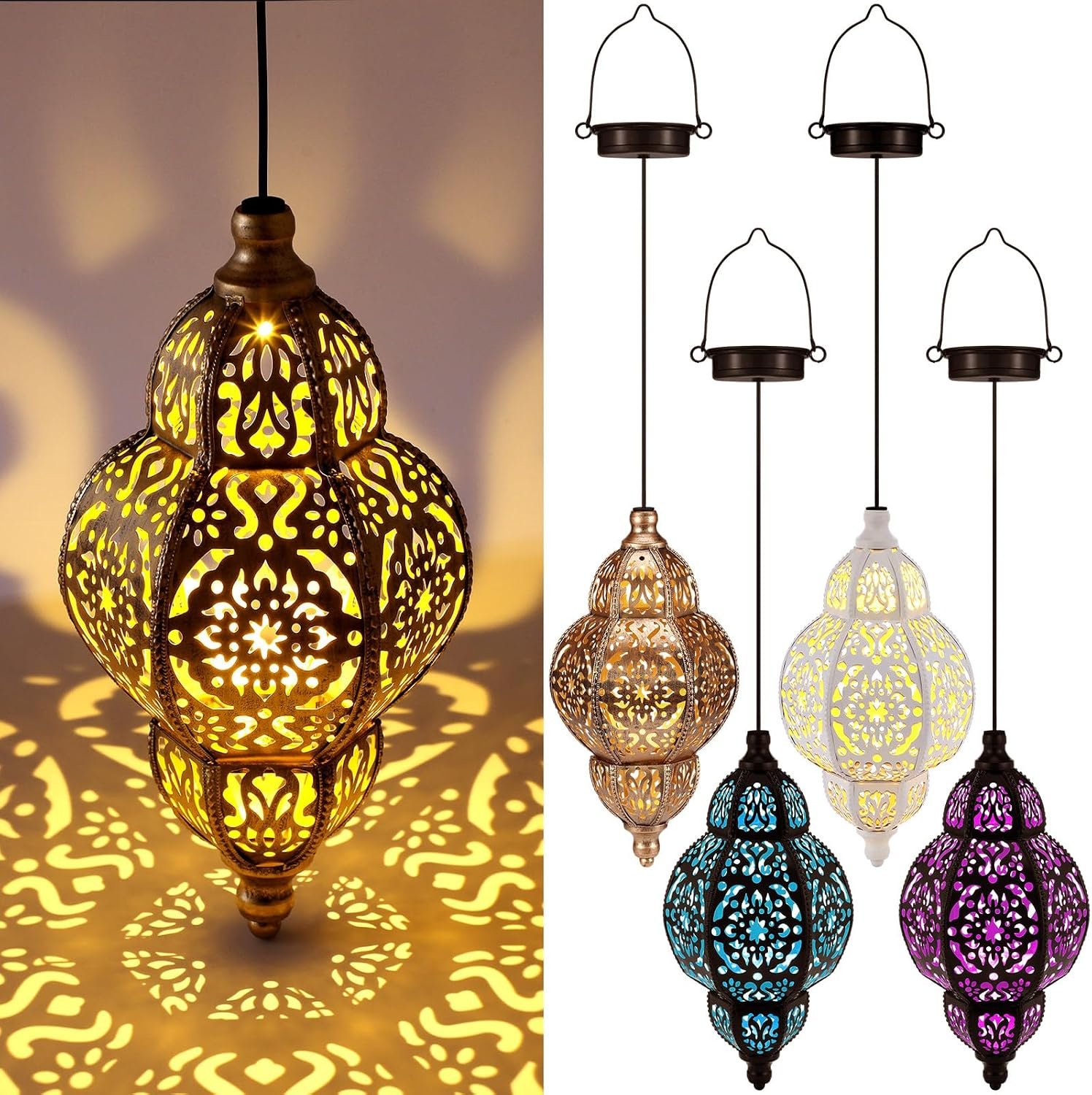 Aurelema 4 Pcs Hanging Solar Lights Moroccan Outdoor Decor Solar Lantern Waterproof Metal Moroccan Decorations for New Year Thanksgiving Patio Pathway Yard Porch Backyard Garden