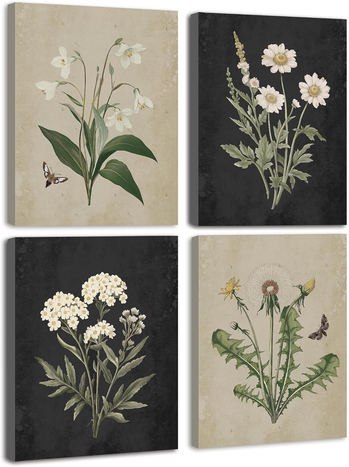 KUVIOKE Vintage Botanical Boho Framed Wall Art Set of 4 Piece Antique Flower Prints Farmhouse Retro Plants Rustic Artwork Bathroom Kitchen Home Decor Ready to Hang 8x10inx4pcs (Framed)