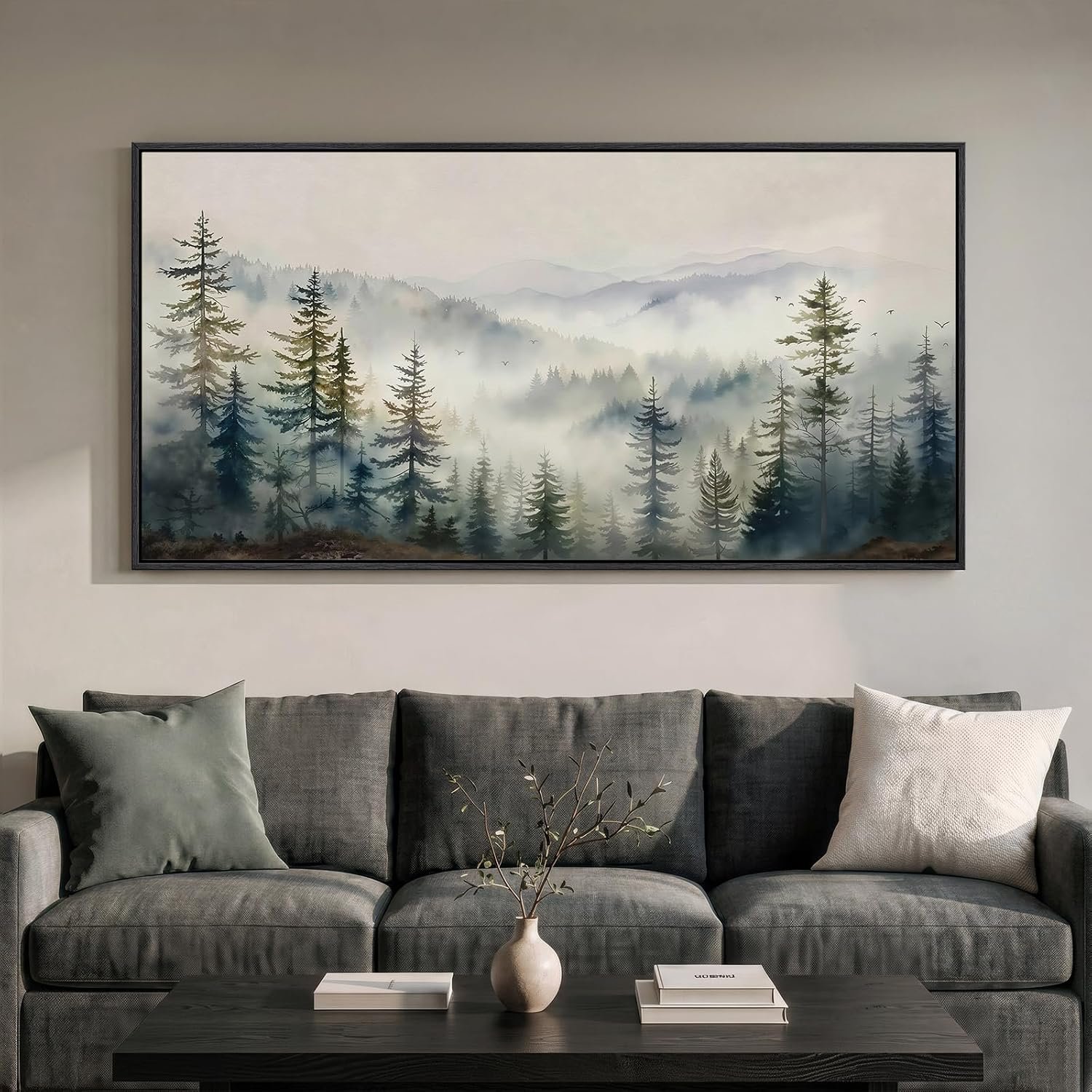 Framed Misty Forest Mountain Landscape Wall Art for Living Room, 60×30 Inch