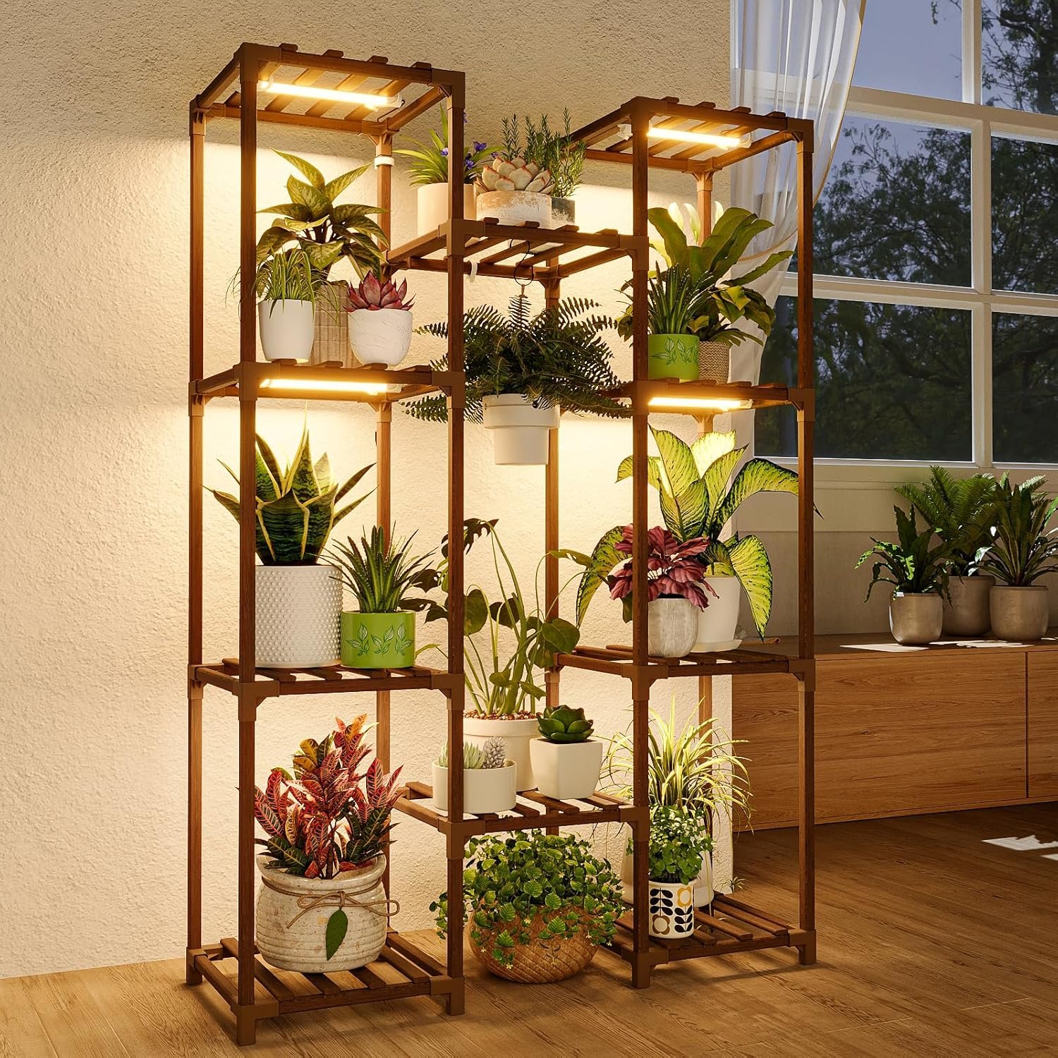 Bamworld Plant Stand with Grow Light Plant Shelf for Mutiple Pots Large Plant Holder for Living Room Patio Boho Home Decor for Gardening Warm Light