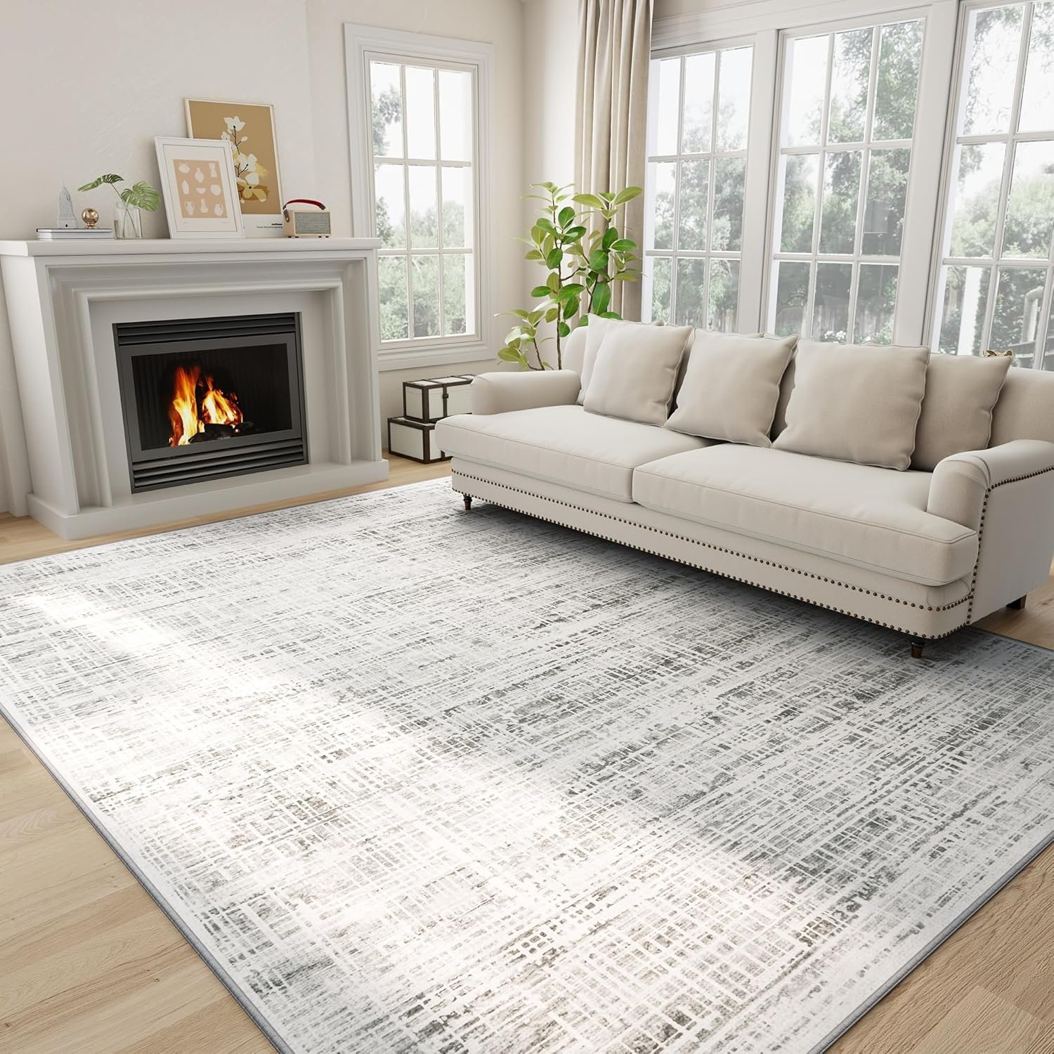 8×10 Washable Area Rug for Living Room Bedroom: Non-Slip Modern White Gray