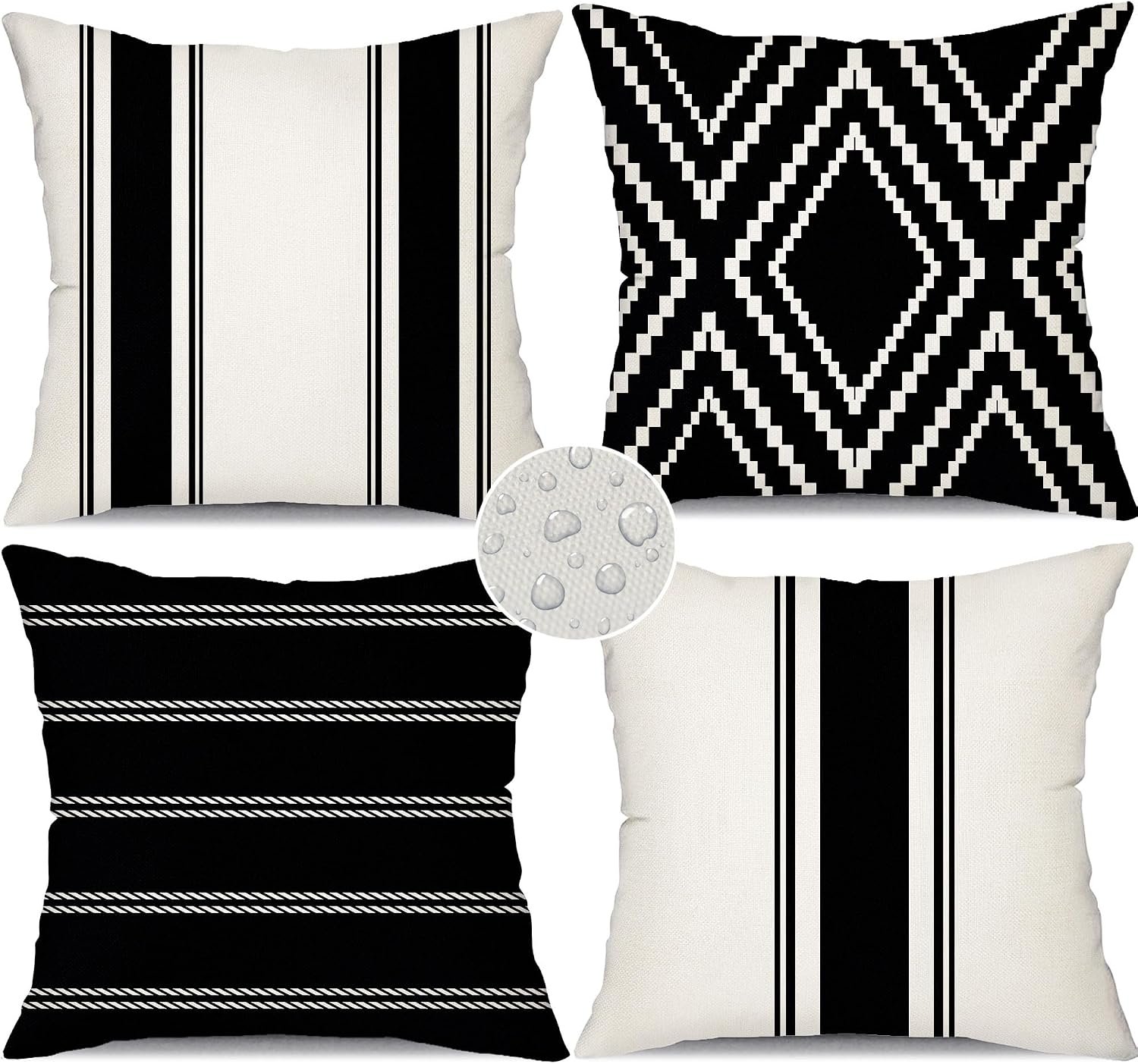 DFXSZ Outdoor Black Waterproof Geometry Pillow Covers 18×18 Set of 4
