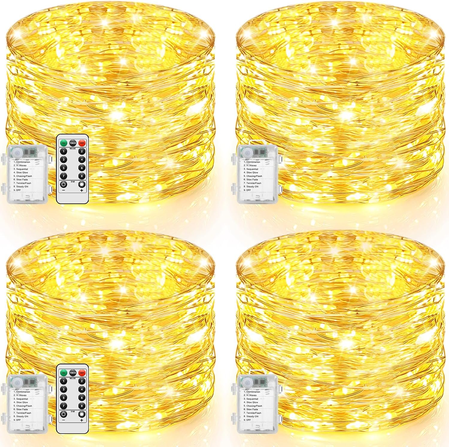 Lakumu 4-Pack 132FT 400LED Fairy Lights, Battery Operated String Lights with Timer & Remote, 8 Modes, Waterproof Twinkle Lights for Indoor Outdoor Bedroom Wedding Decor, Warm White(33FTx4)