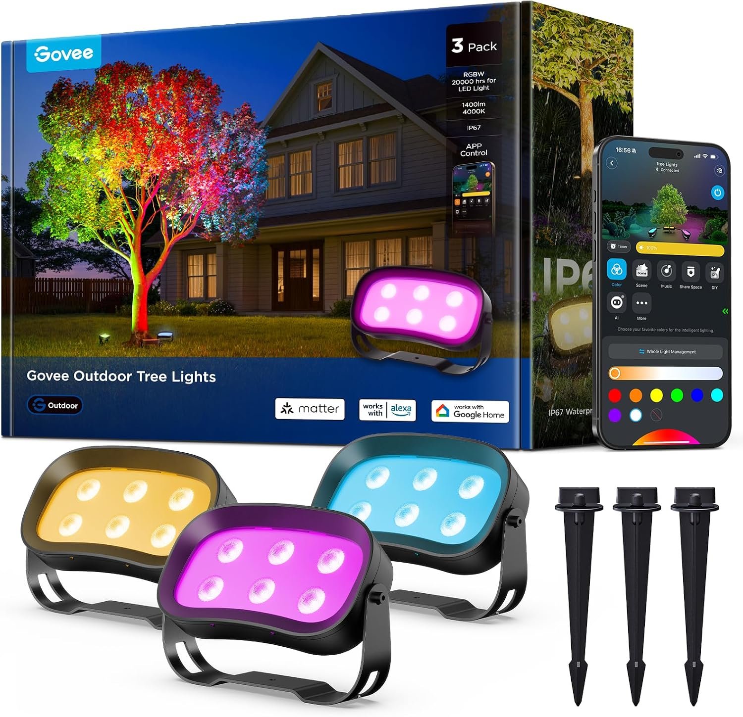 Govee Outdoor Tree Lights 3-Pack, RGBWIC LED Landscape Lighting